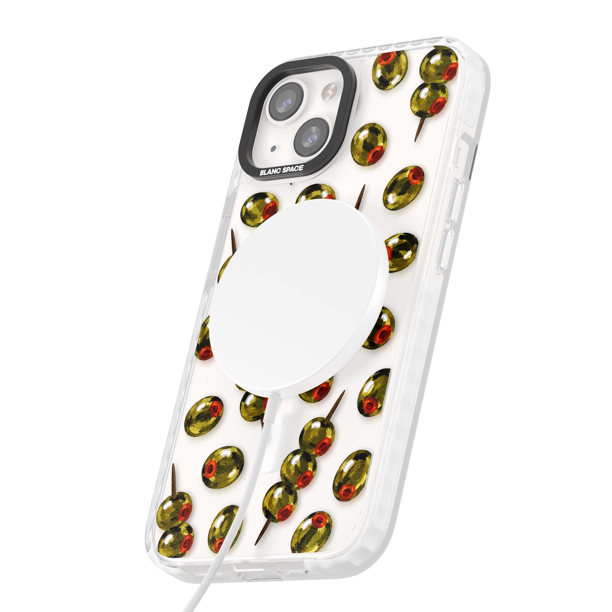 Painted Olives cocktail iPhone case featuring green olives, pimento centres and toothpick skewers on a clear background | Impact Magsafe case for iPhone 13, iPhone 14, iPhone 15