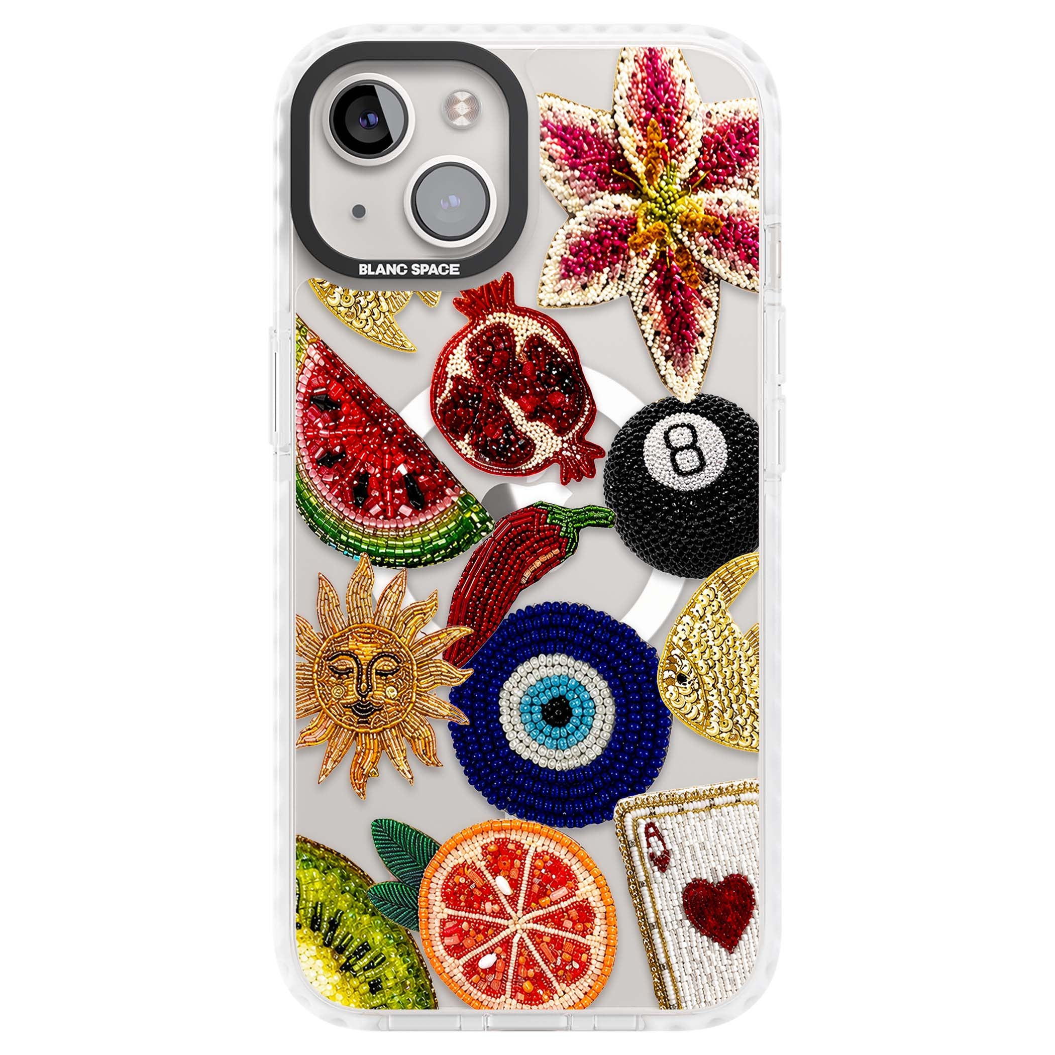 Beaded Charms embroidery iPhone case featuring beaded evil eye, fruit patches and a golden sun motif | Impact Magsafe case for iPhone 13, iPhone 14, iPhone 15