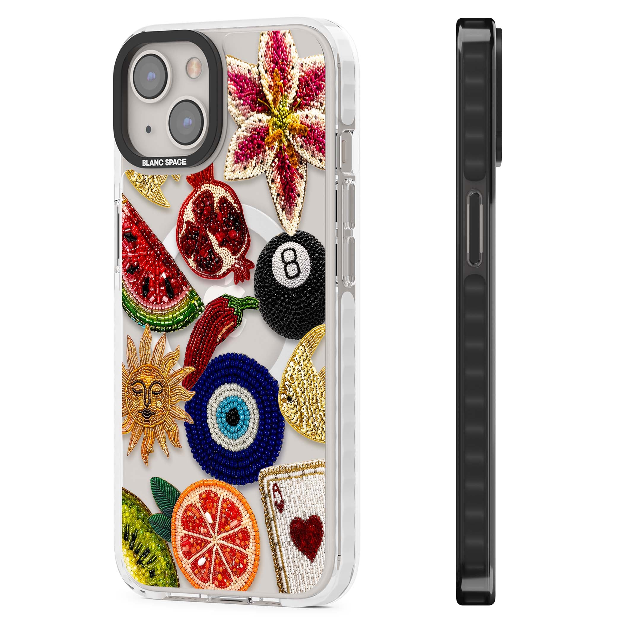 Beaded Charms embroidery iPhone case featuring beaded evil eye, fruit patches and a golden sun motif | Impact Magsafe case for iPhone 13, iPhone 14, iPhone 15