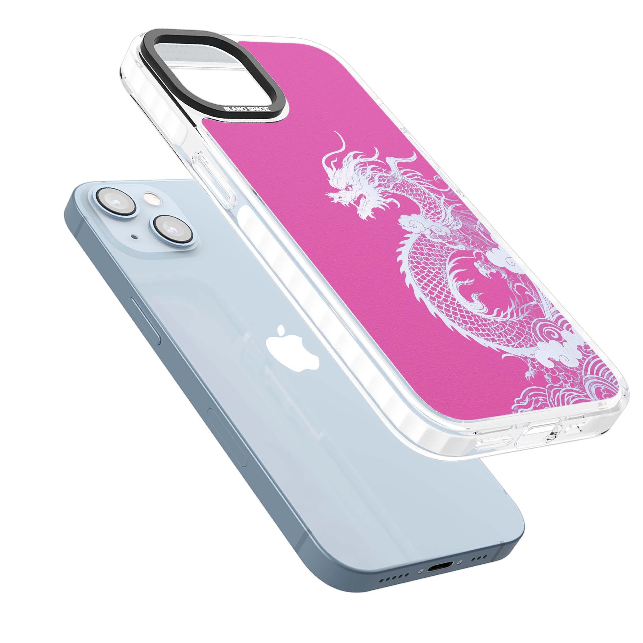 Pink Empress chinese dragon iPhone case featuring a white dragon, swirling clouds and pink dragon wallpaper backdrop | Impact Magsafe case for iPhone 13, iPhone 14, iPhone 15
