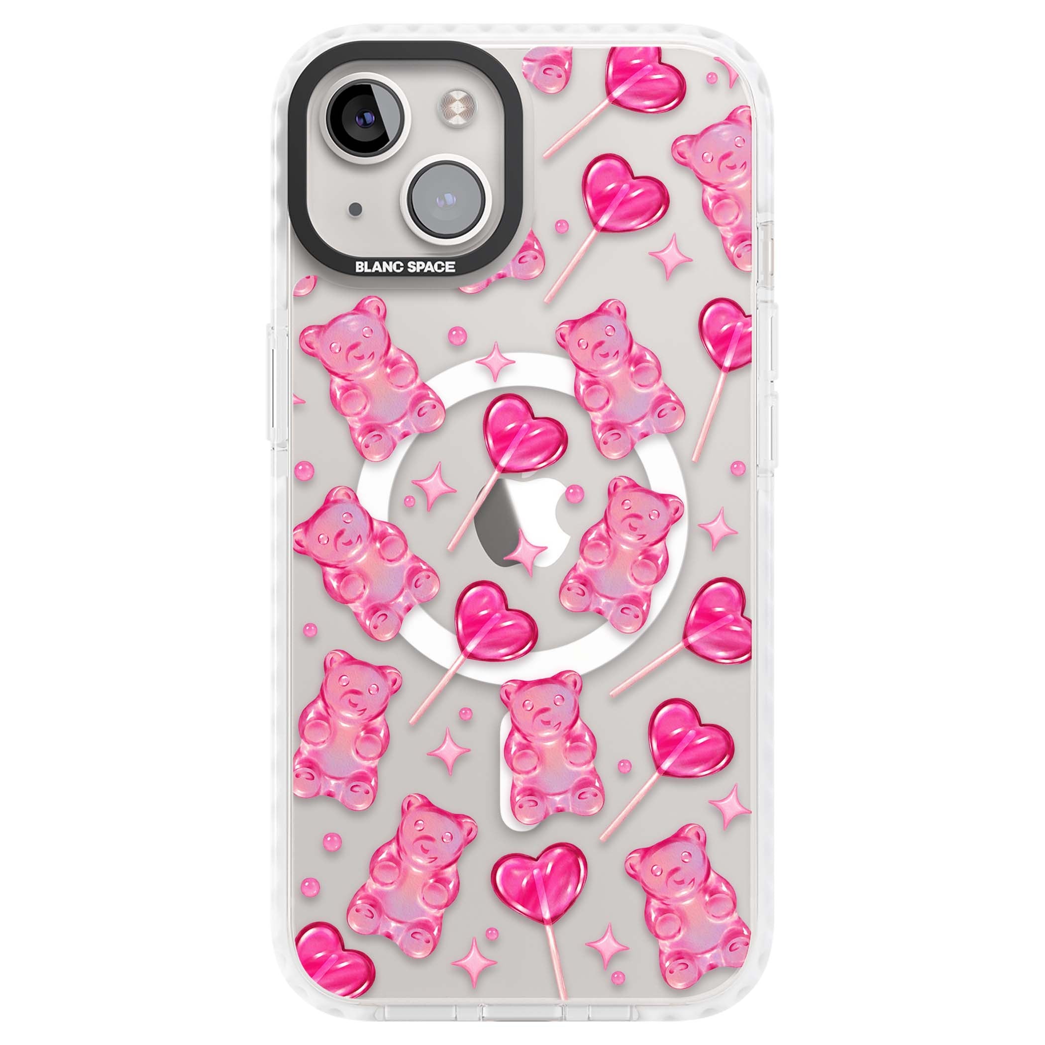 Pink Sugar pinkcore iPhone case featuring pink gummy bears, heart-shaped lollipops and sparkle stars | Impact Magsafe case for iPhone 13, iPhone 14, iPhone 15