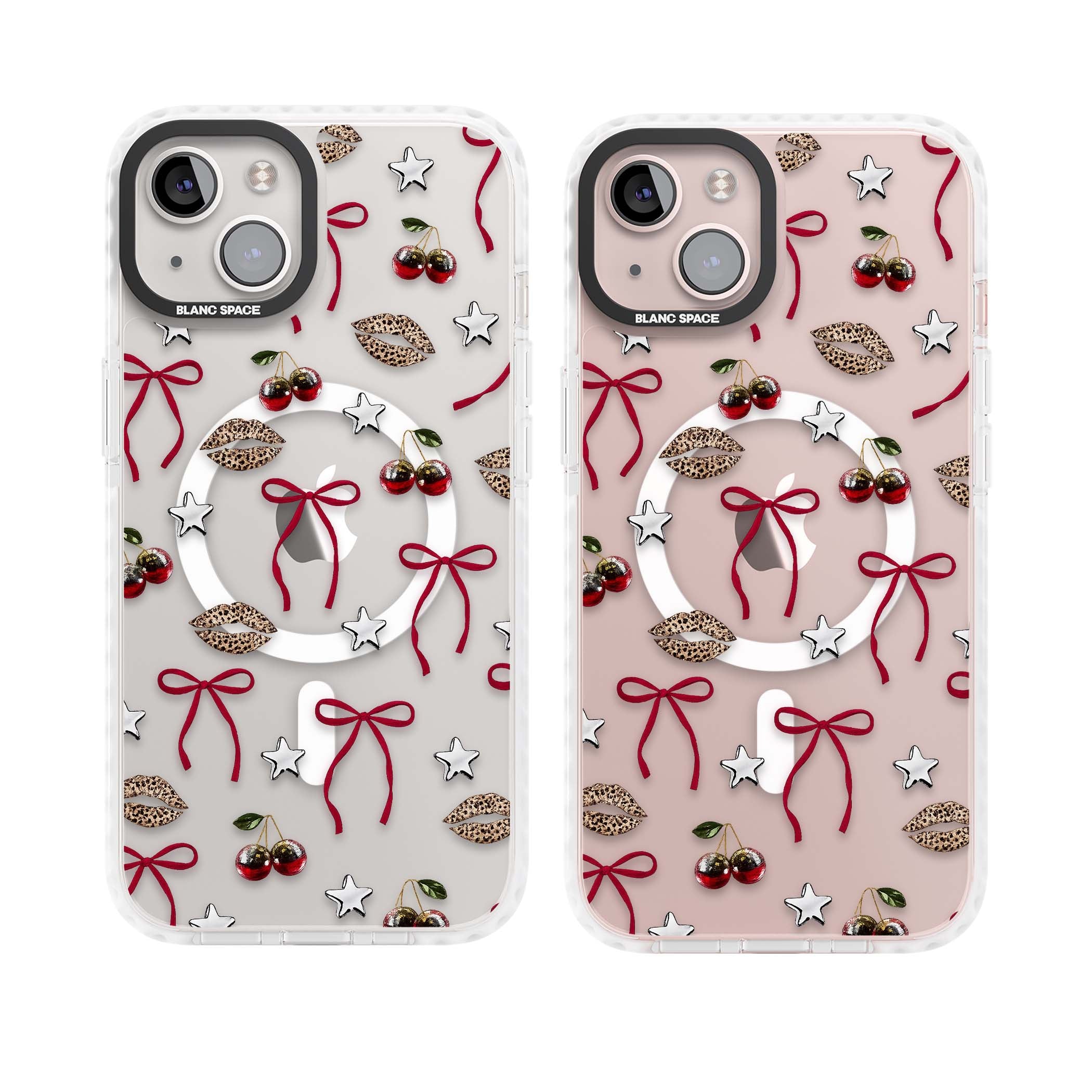 Starlet coquette iPhone case featuring red ribbon bows, disco cherries and leopard-print lips | Impact Magsafe case for iPhone 13, iPhone 14, iPhone 15