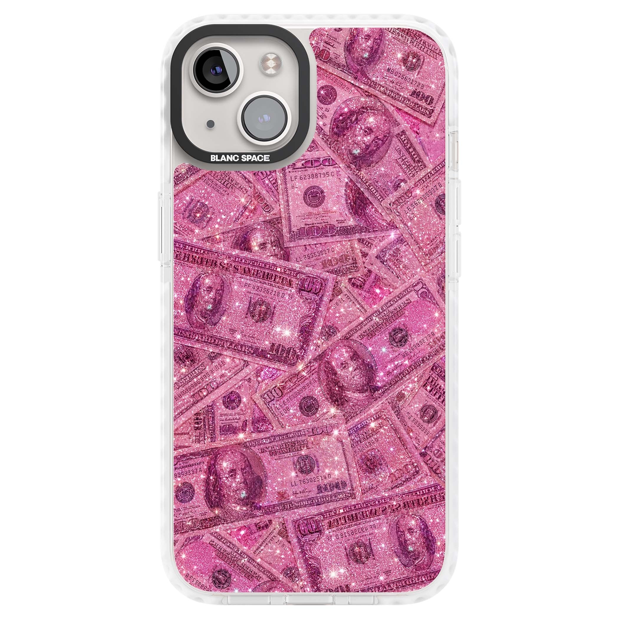 Glamorous baddie iPhone case featuring pink glitter hundred dollar bills and sparkling money wallpaper design | Impact Magsafe case for iPhone 13, iPhone 14, iPhone 15
