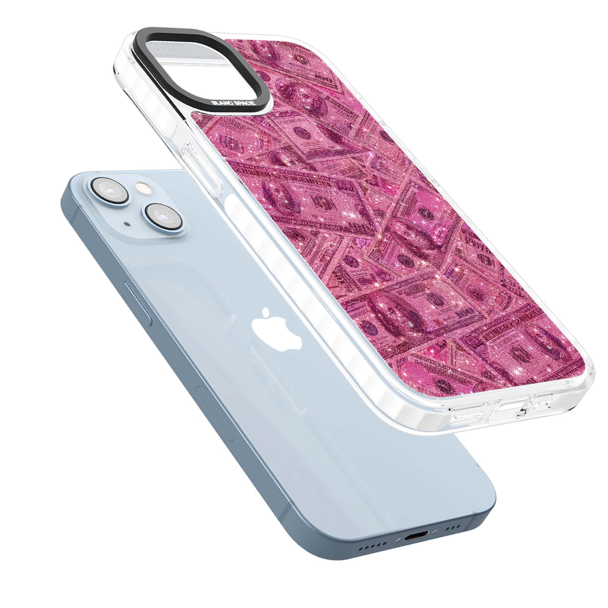 Glamorous baddie iPhone case featuring pink glitter hundred dollar bills and sparkling money wallpaper design | Impact Magsafe case for iPhone 13, iPhone 14, iPhone 15