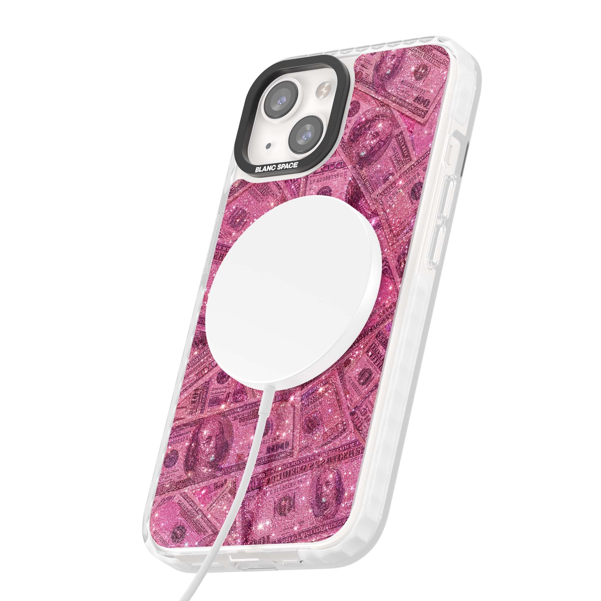 Glamorous baddie iPhone case featuring pink glitter hundred dollar bills and sparkling money wallpaper design | Impact Magsafe case for iPhone 13, iPhone 14, iPhone 15
