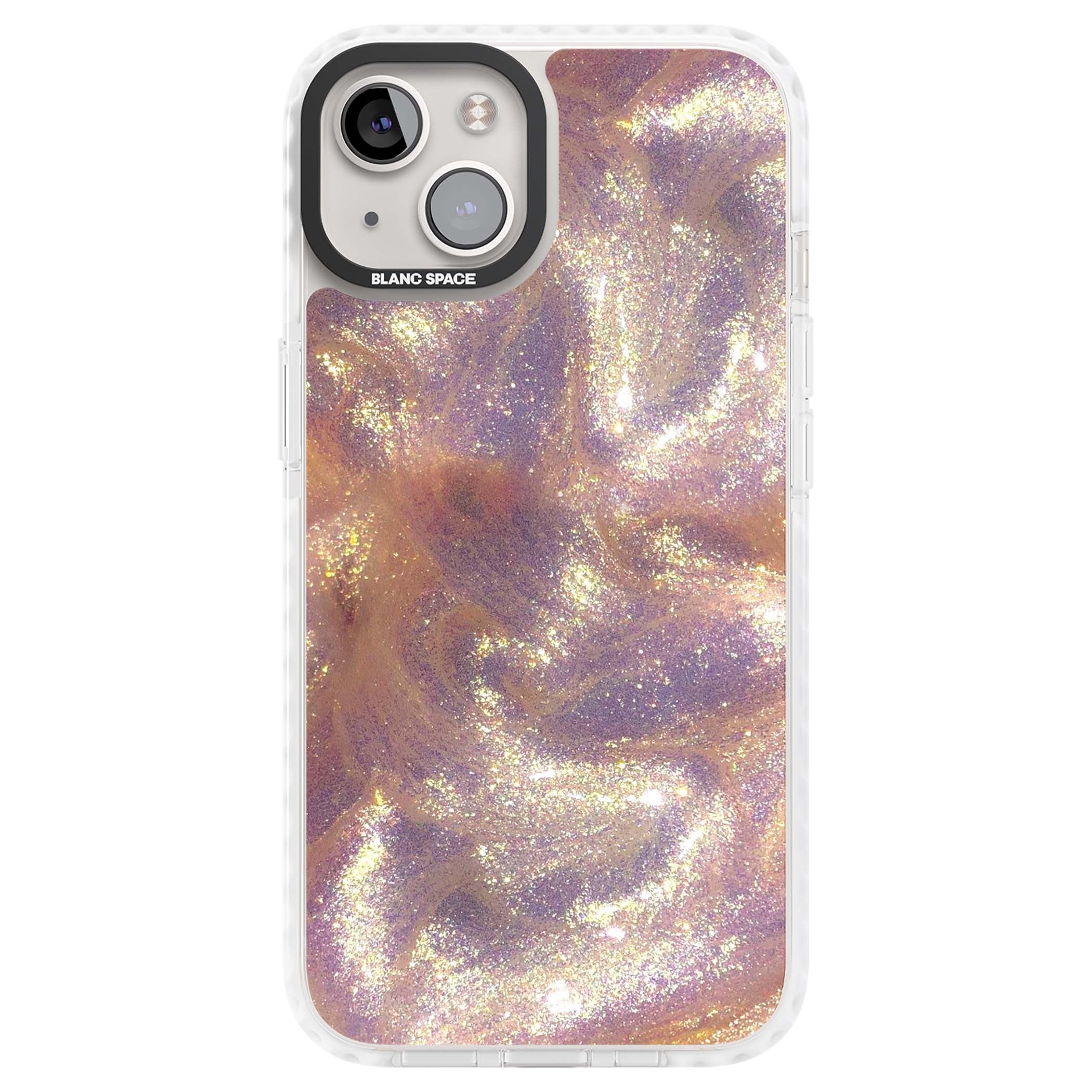 Shimmer marble iPhone case featuring rose gold glitter swirls, lilac shimmer and iridescent pearl finish | Impact Magsafe case for iPhone 13, iPhone 14, iPhone 15