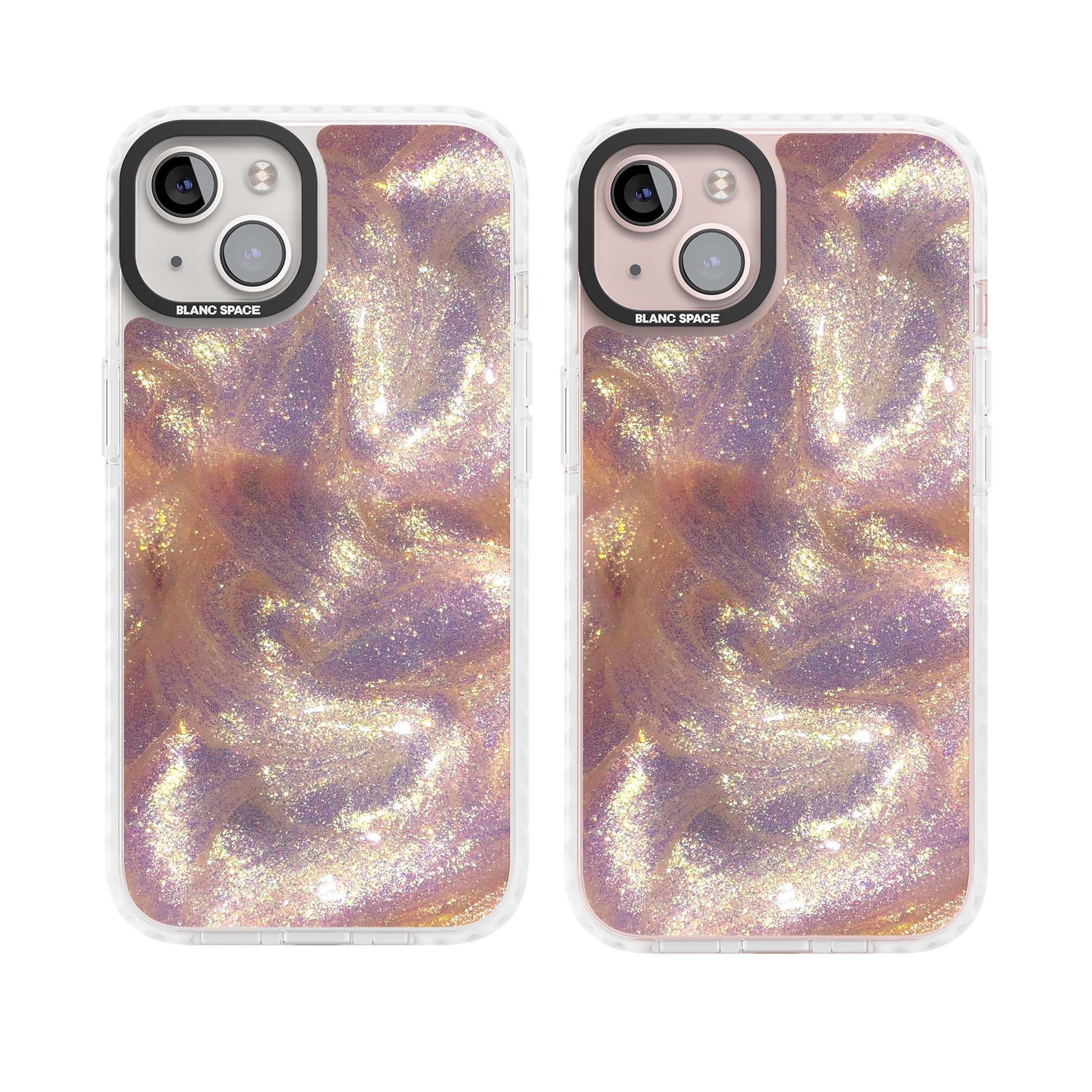 Shimmer marble iPhone case featuring rose gold glitter swirls, lilac shimmer and iridescent pearl finish | Impact Magsafe case for iPhone 13, iPhone 14, iPhone 15