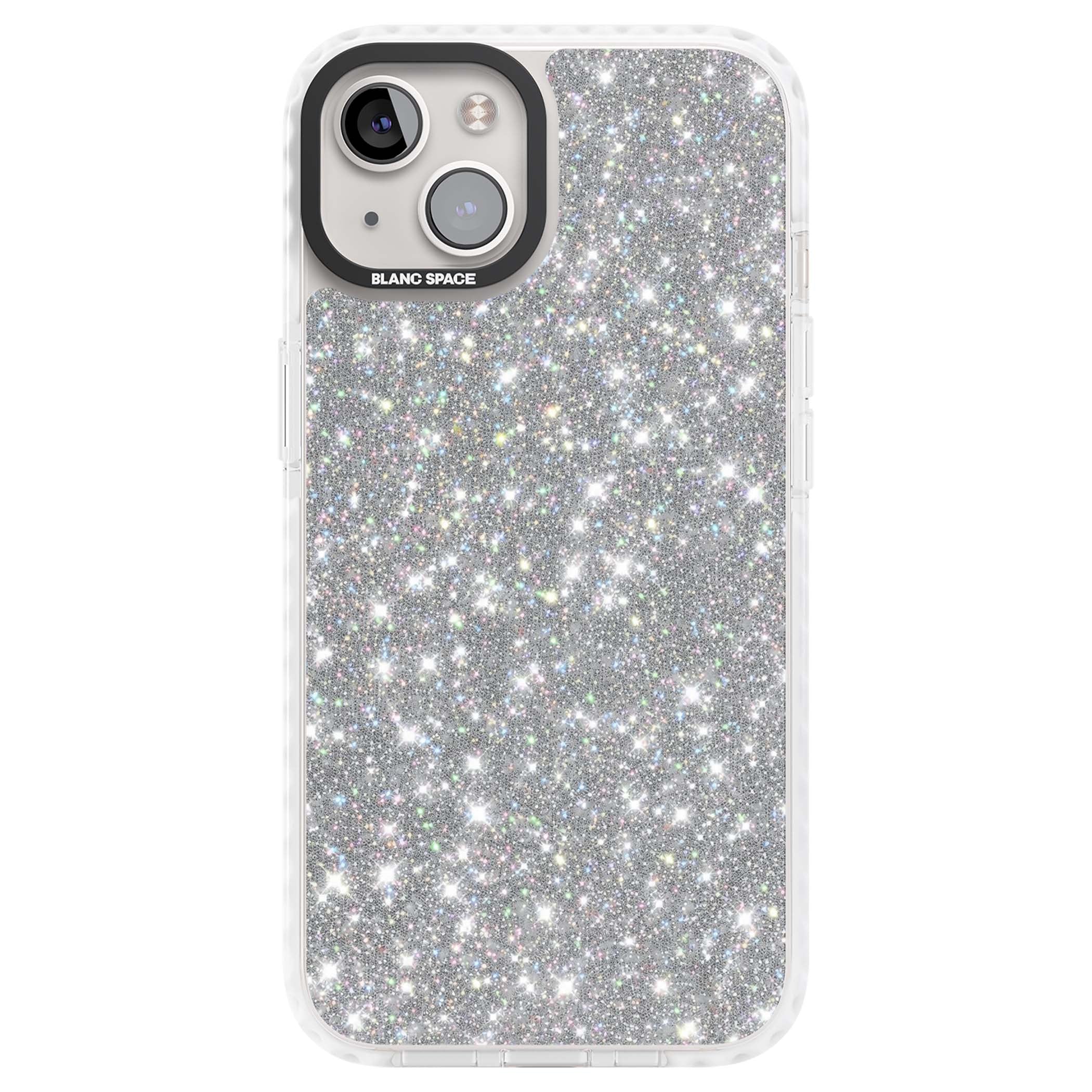 Diamond glam iPhone case featuring silver glitter sparkle and shimmering diamond dust effect | Impact Magsafe case for iPhone 13, iPhone 14, iPhone 15