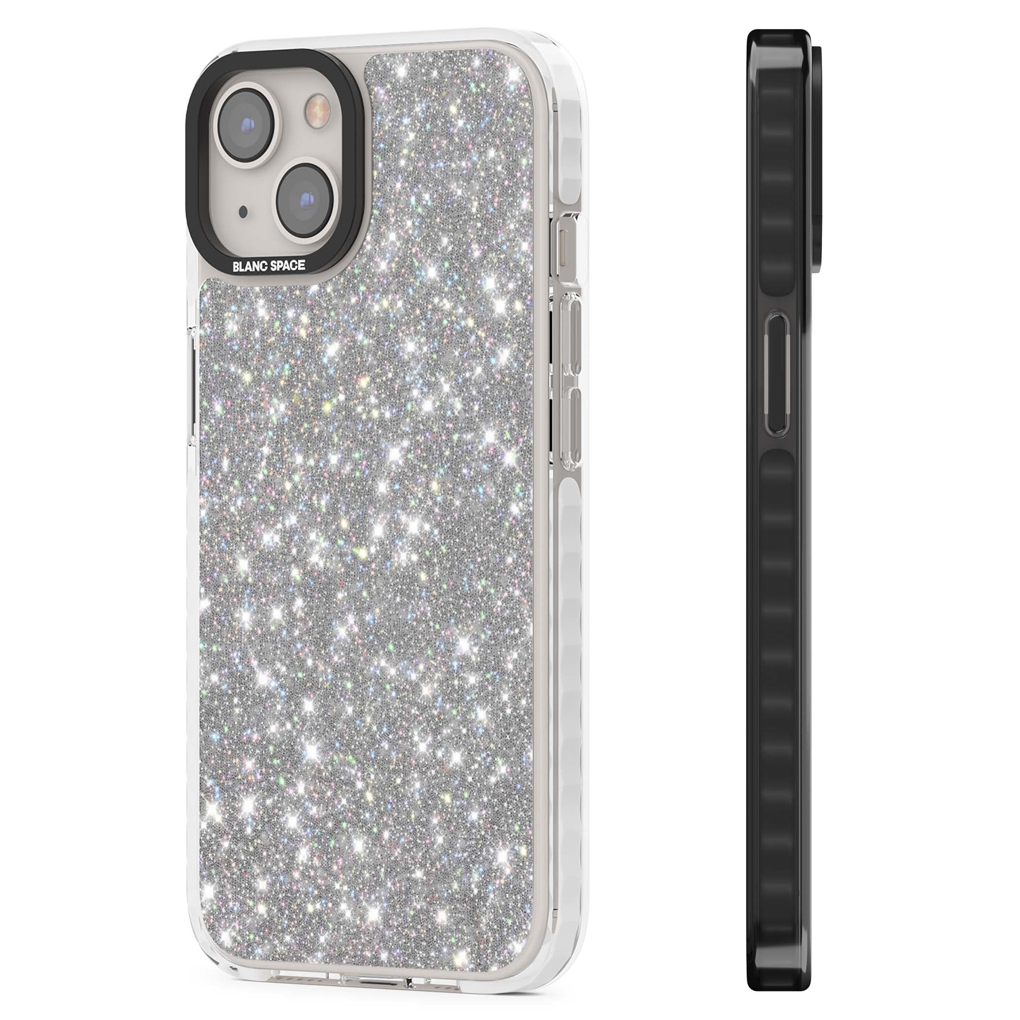Diamond glam iPhone case featuring silver glitter sparkle and shimmering diamond dust effect | Impact Magsafe case for iPhone 13, iPhone 14, iPhone 15