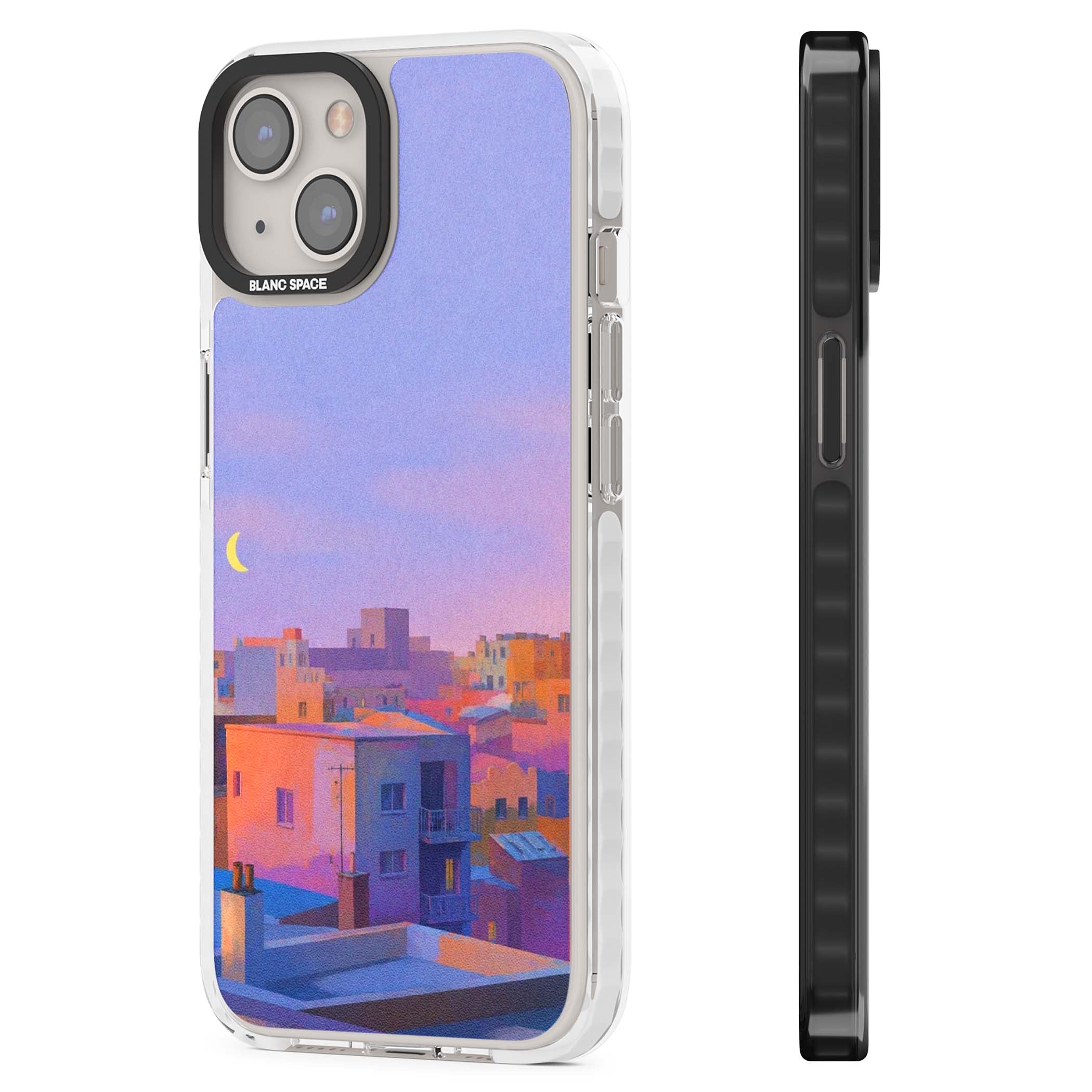 Twilight Rooftops vaporwave iPhone case featuring a pastel sunset cityscape, painted rooftops and a crescent moon. | Impact Magsafe case for iPhone 13, iPhone 14, iPhone 15