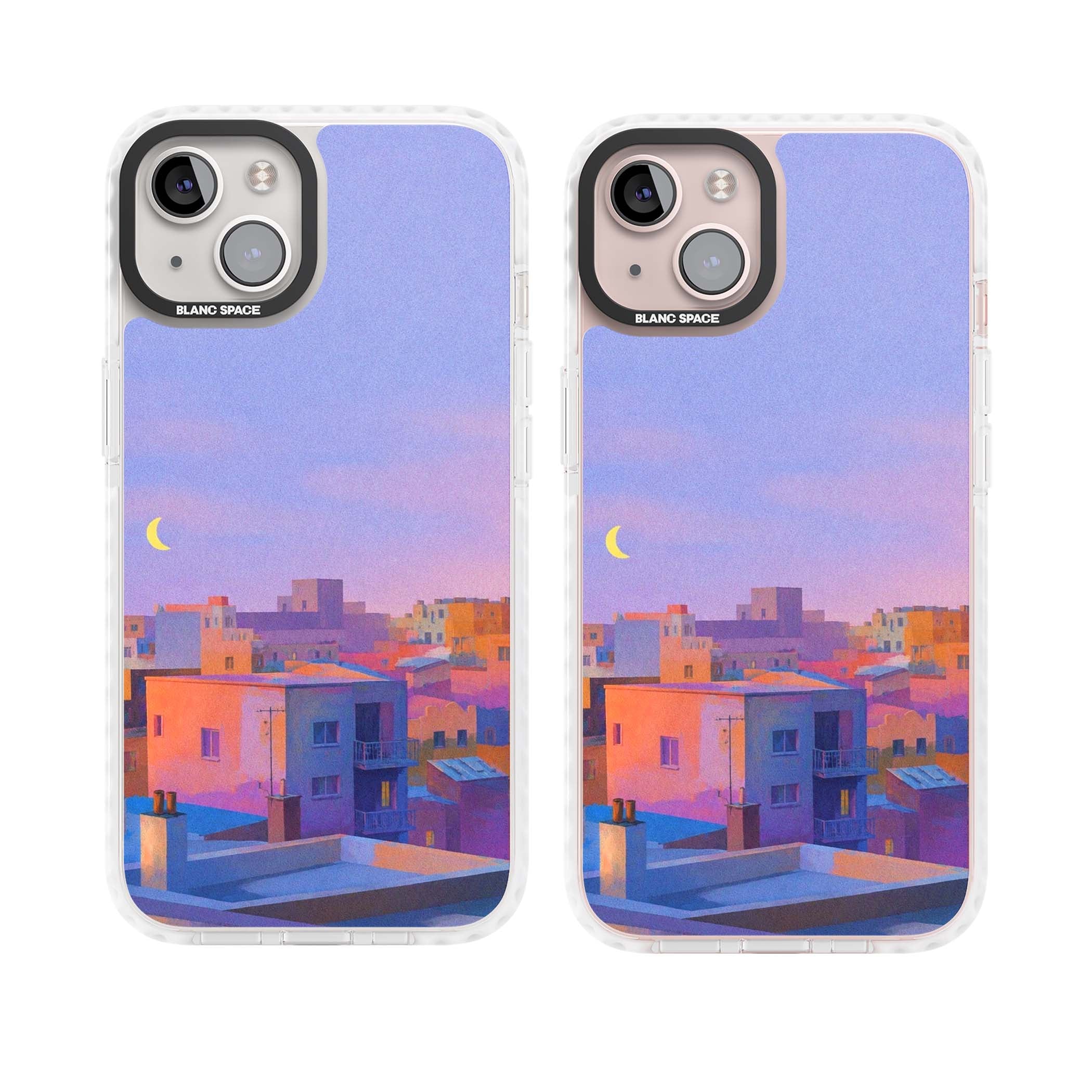 Twilight Rooftops vaporwave iPhone case featuring a pastel sunset cityscape, painted rooftops and a crescent moon. | Impact Magsafe case for iPhone 13, iPhone 14, iPhone 15