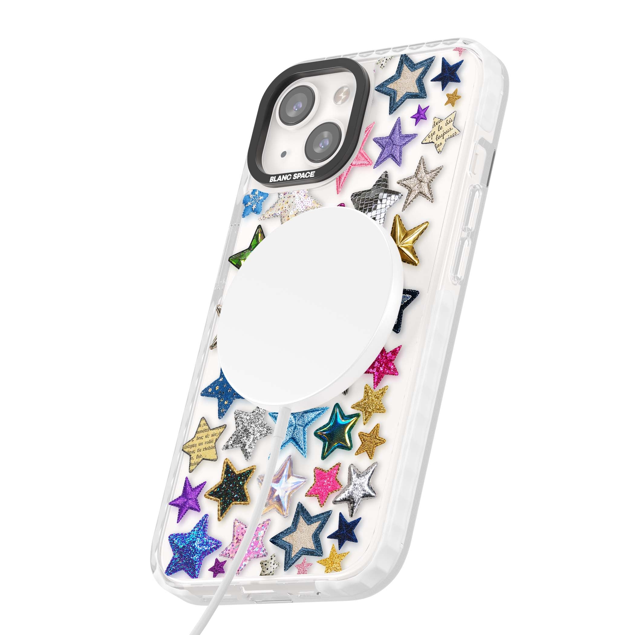 Crafty Star Mix Y2K iPhone case featuring embroidered, sequinned and glitter star patches in rainbow colours | Impact Magsafe case for iPhone 13, iPhone 14, iPhone 15