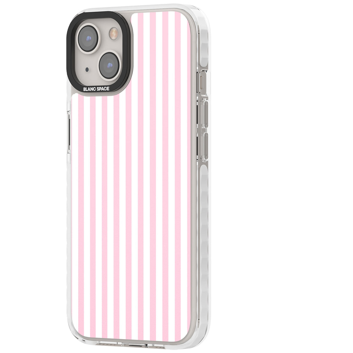 Pink Stripe preppy iPhone case featuring soft pastel pink and white vertical candy stripes iPhone 12 / 12 Pro / iPhone 12 / iPhone 12 Pro / iPhone 13 / iPhone 14 / iPhone 14 Plus / iPhone 15 / iPhone 15 Plus Impact Pro Clear Phone Case side