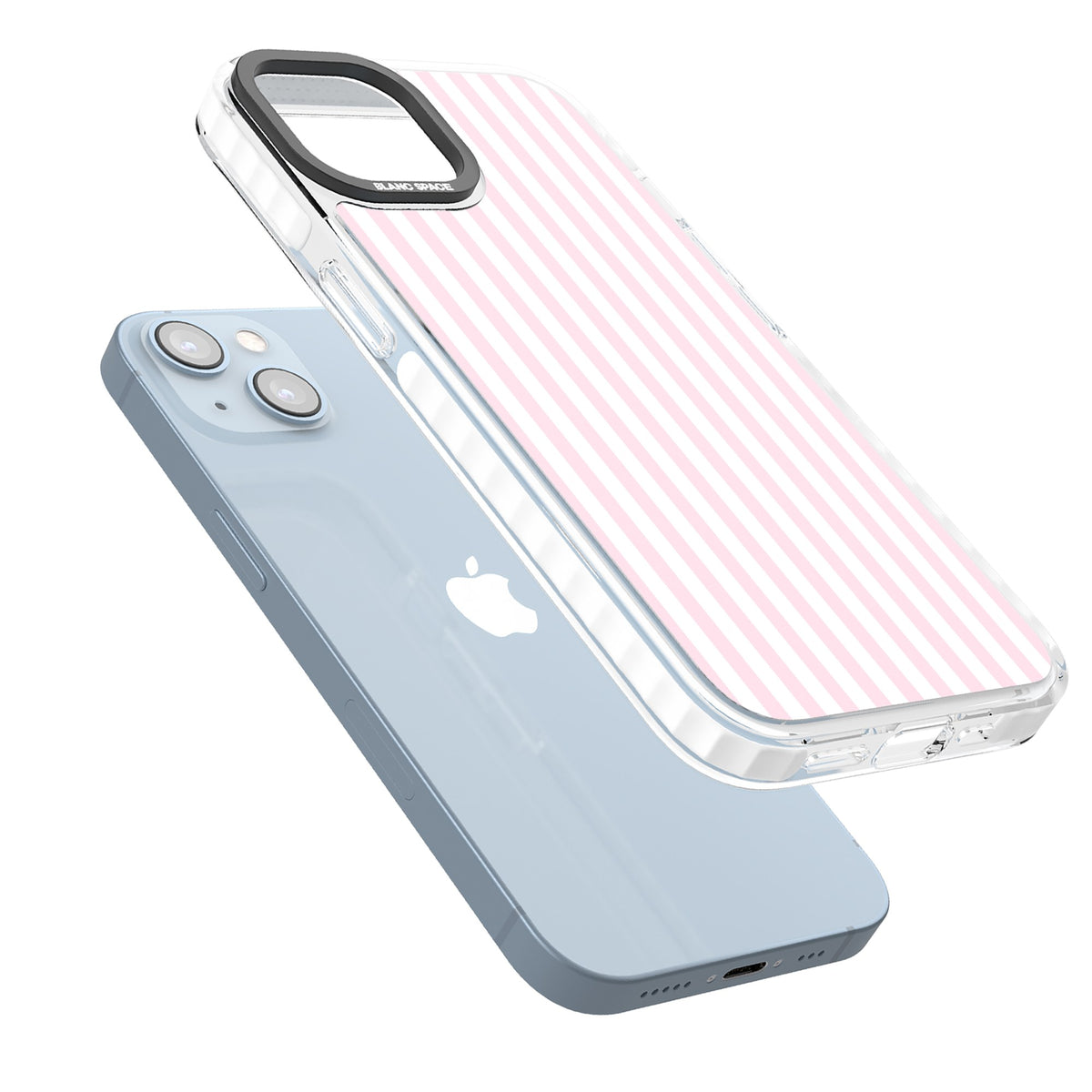 Pink Stripe preppy iPhone case featuring soft pastel pink and white vertical candy stripes iPhone 12 / 12 Pro / iPhone 12 / iPhone 12 Pro / iPhone 13 / iPhone 14 / iPhone 14 Plus / iPhone 15 / iPhone 15 Plus Impact Pro Clear Phone Case angled