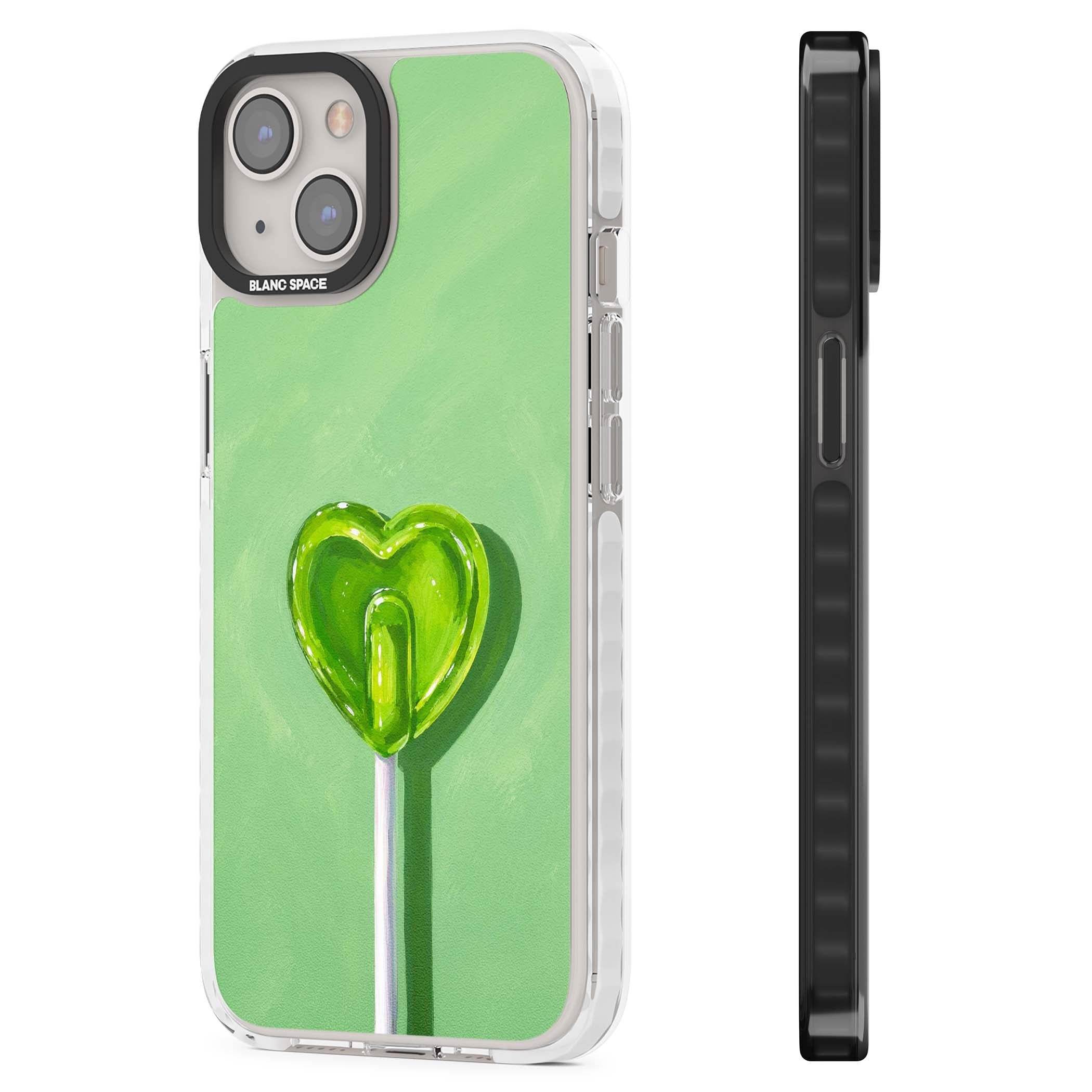Green Lollipop candy art iPhone case featuring a glossy green heart-shaped lollipop on a painted pastel green background | Impact Magsafe case for iPhone 13, iPhone 14, iPhone 15