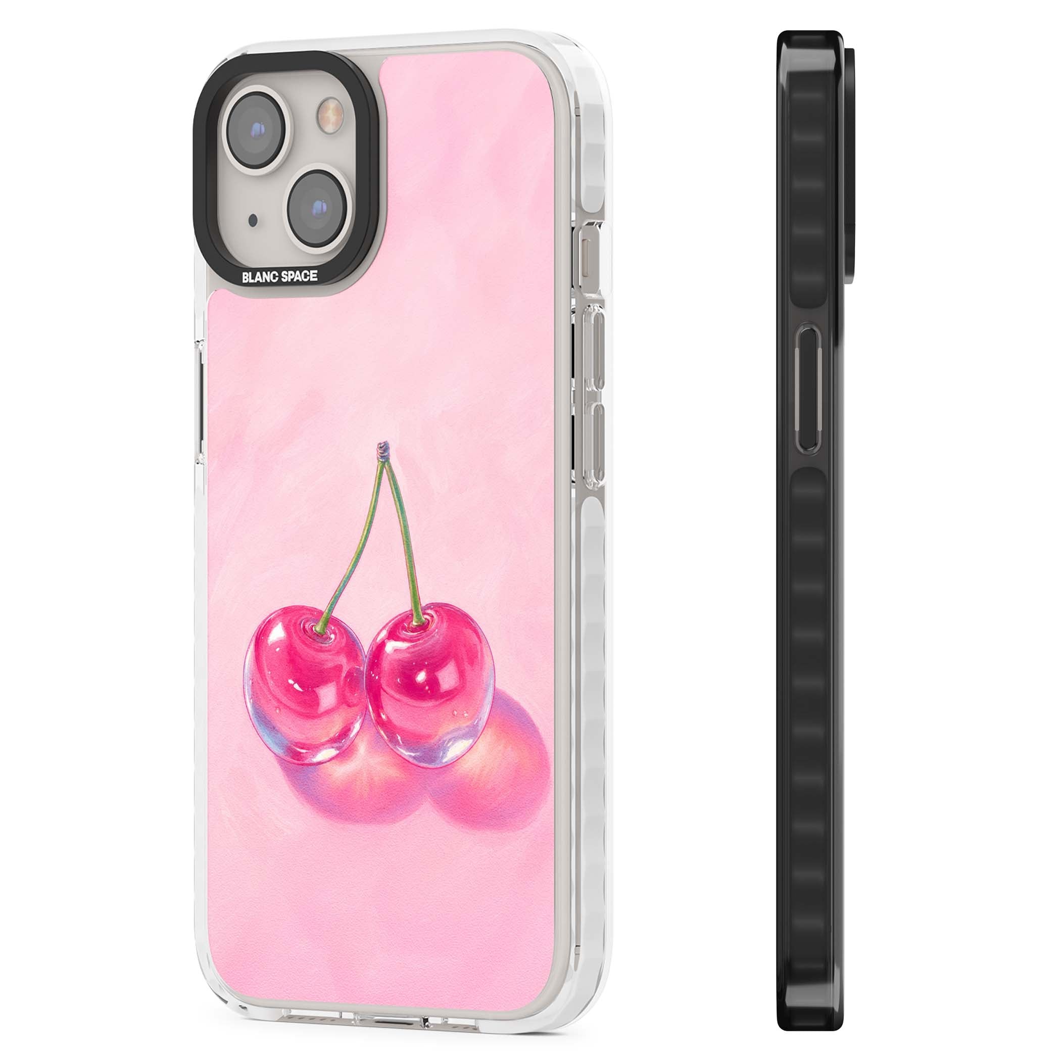 Pink Glass Cherry coquette iPhone case featuring two glossy painted cherries on a soft pink background | Impact Magsafe case for iPhone 13, iPhone 14, iPhone 15