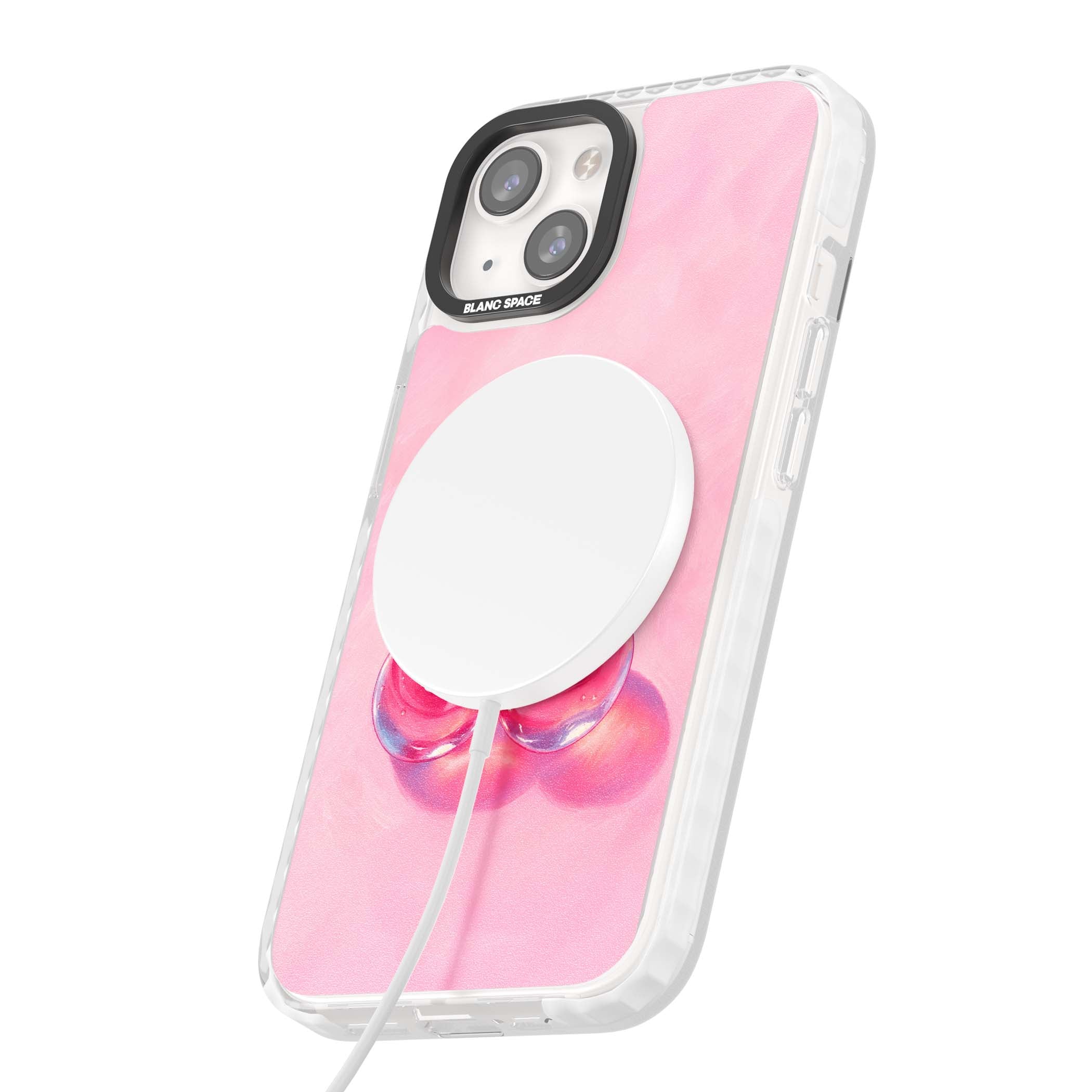 Pink Glass Cherry coquette iPhone case featuring two glossy painted cherries on a soft pink background | Impact Magsafe case for iPhone 13, iPhone 14, iPhone 15