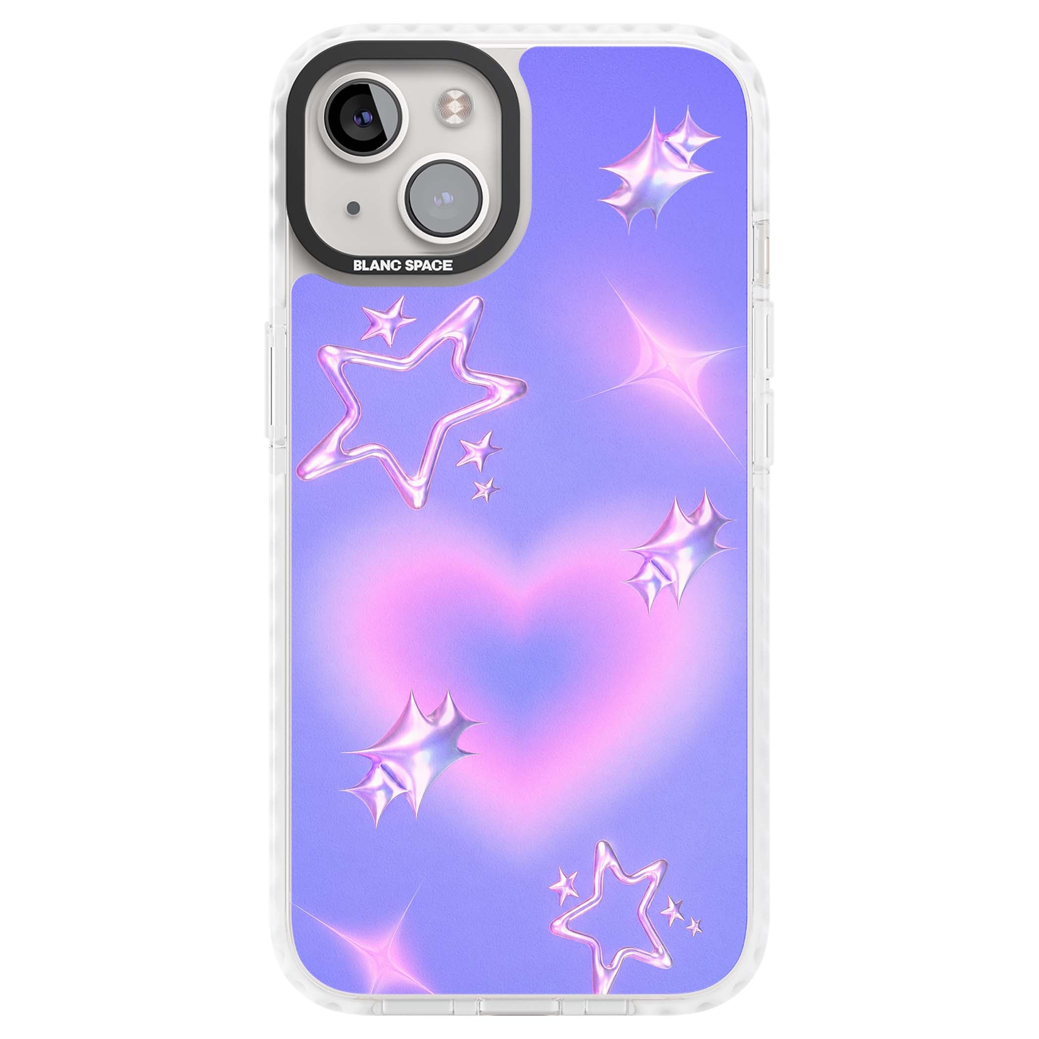 Soft Sugar Y2K iPhone case featuring iridescent chrome hearts, metallic pink stars and a lavender gradient sky | Impact Magsafe case for iPhone 13, iPhone 14, iPhone 15