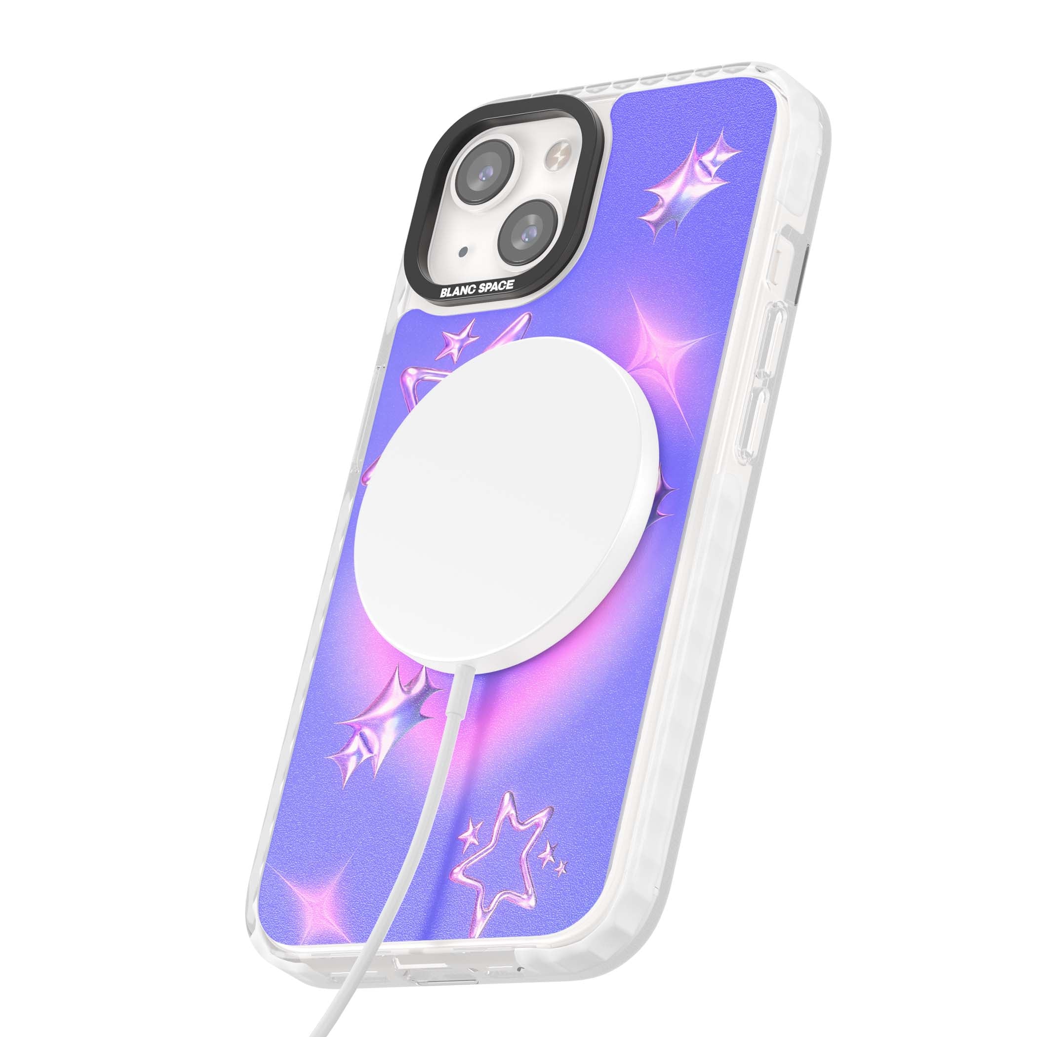 Soft Sugar Y2K iPhone case featuring iridescent chrome hearts, metallic pink stars and a lavender gradient sky | Impact Magsafe case for iPhone 13, iPhone 14, iPhone 15