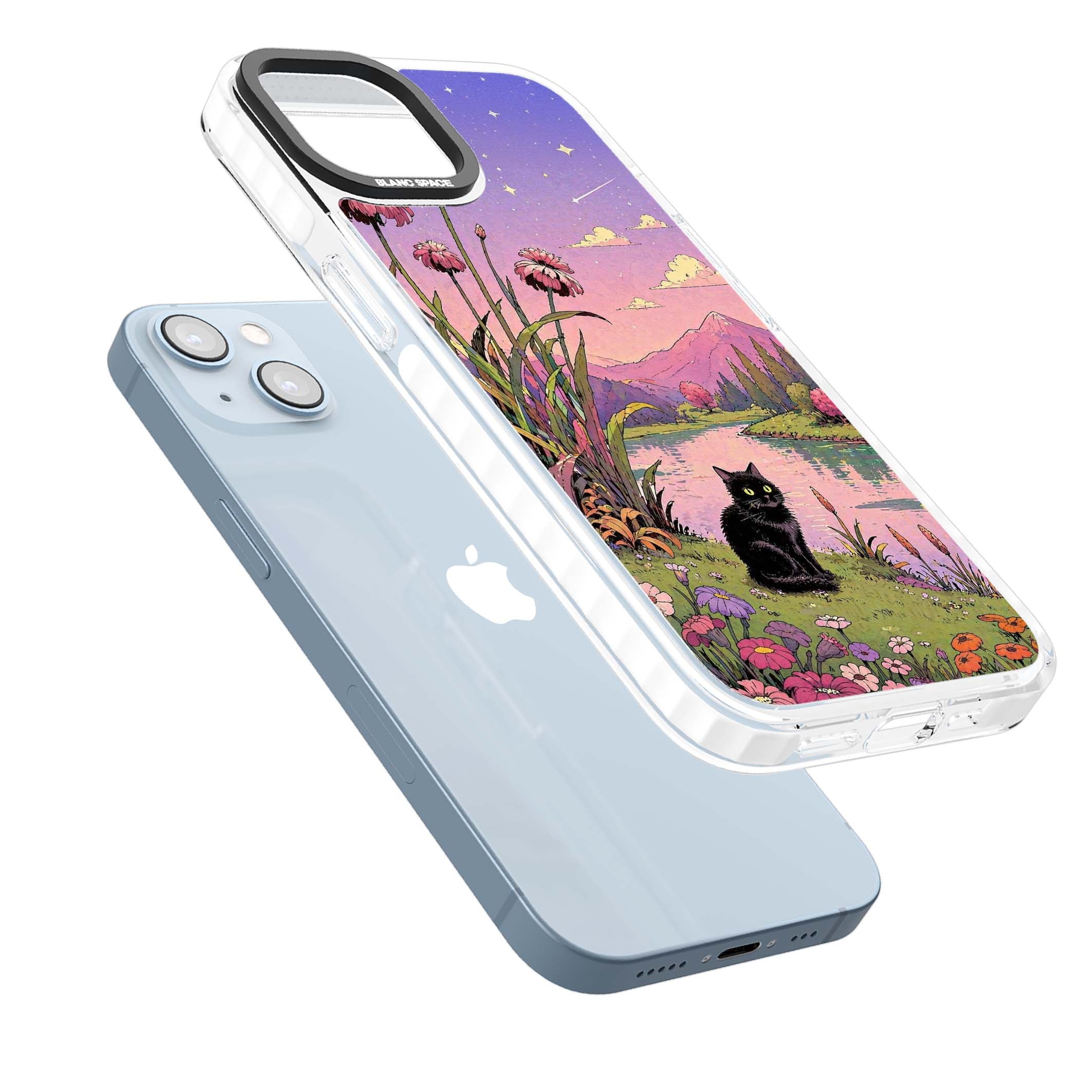 Mystic Whiskers ghibli iPhone case featuring a black cat by a pastel lake, wildflowers and a starry sunset sky | Clear Impact case for iPhone 13, iPhone 14, iPhone 15