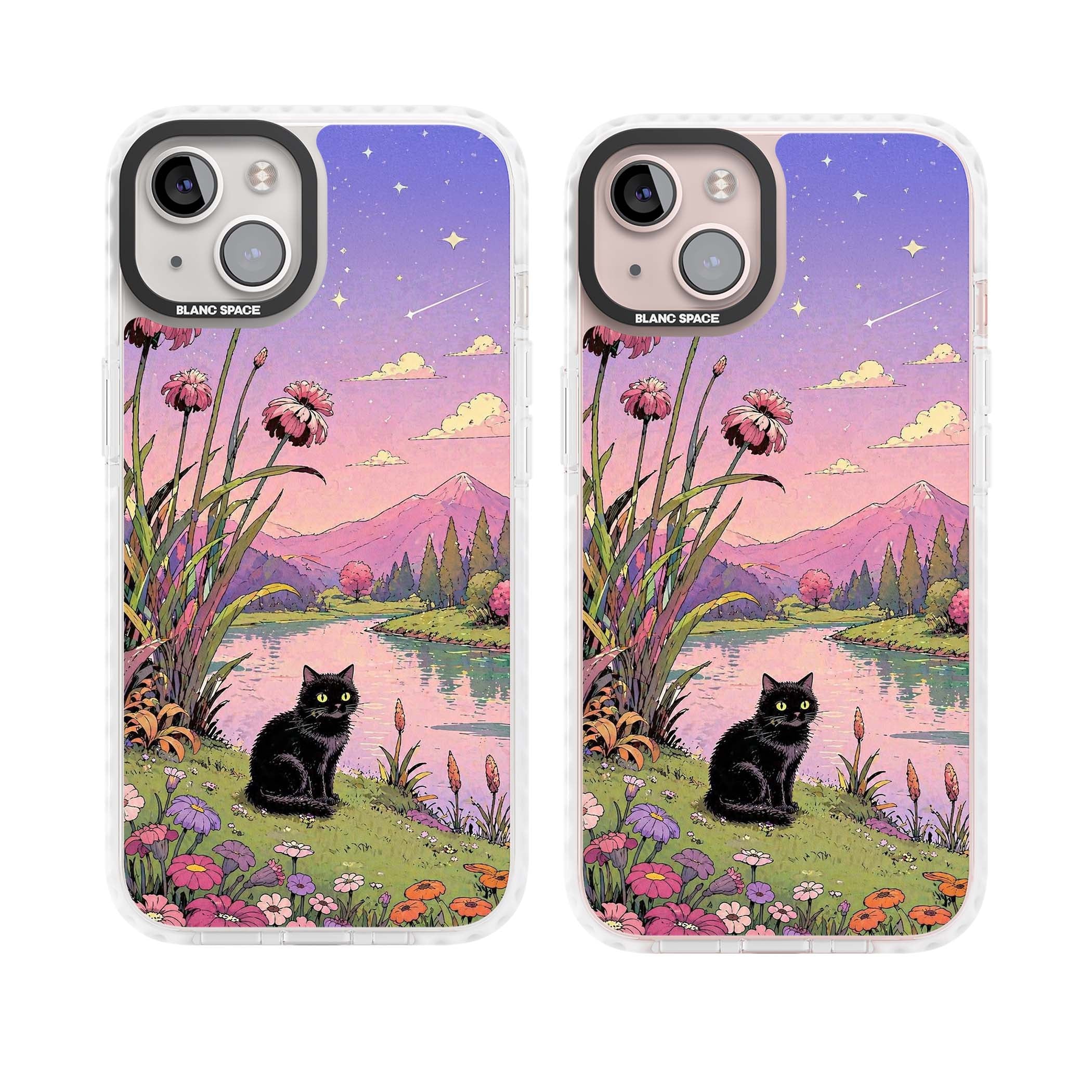 Mystic Whiskers ghibli iPhone case featuring a black cat by a pastel lake, wildflowers and a starry sunset sky | Clear Impact case for iPhone 13, iPhone 14, iPhone 15