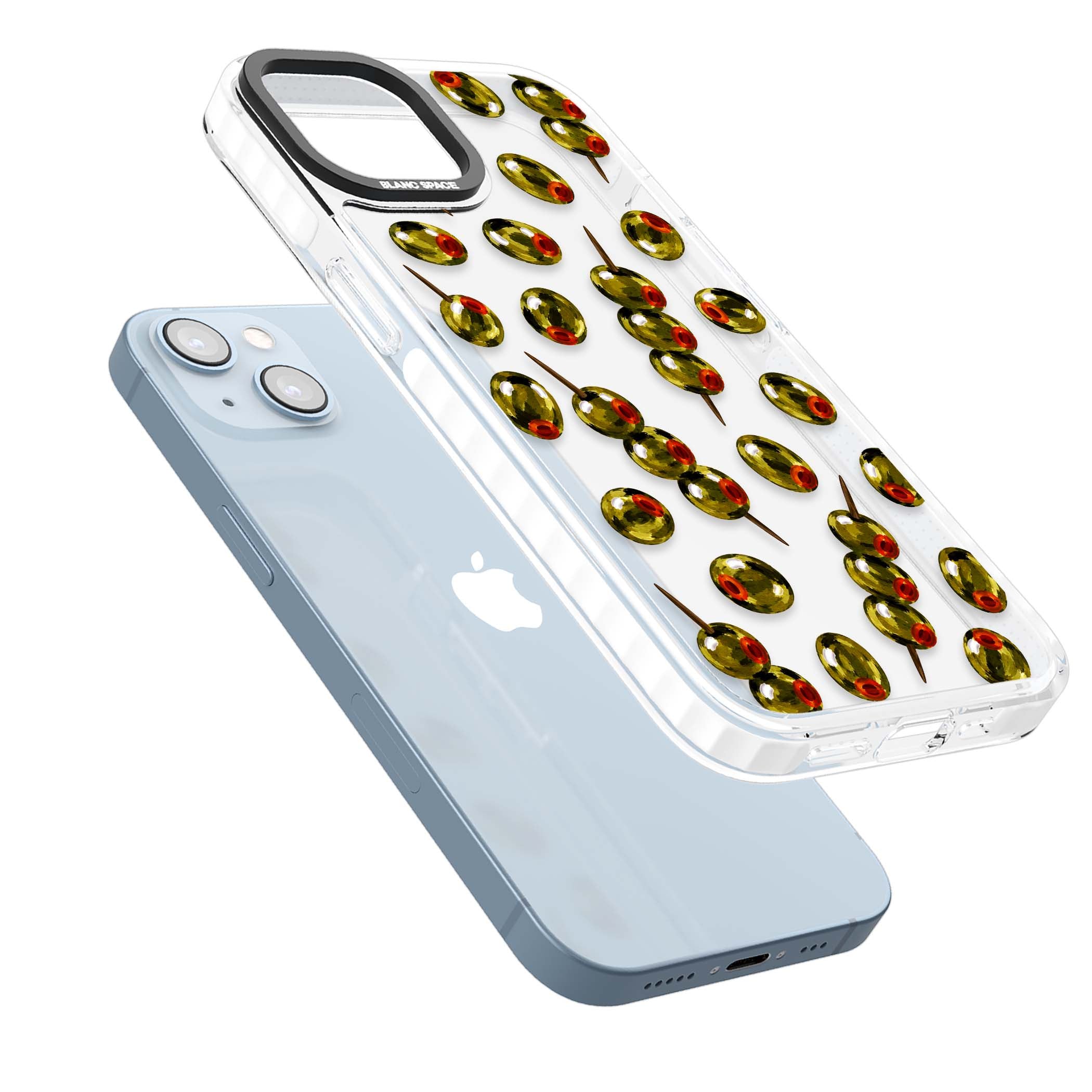 Painted Olives cocktail iPhone case featuring green olives, pimento centres and toothpick skewers on a clear background | Clear Impact case for iPhone 13, iPhone 14, iPhone 15