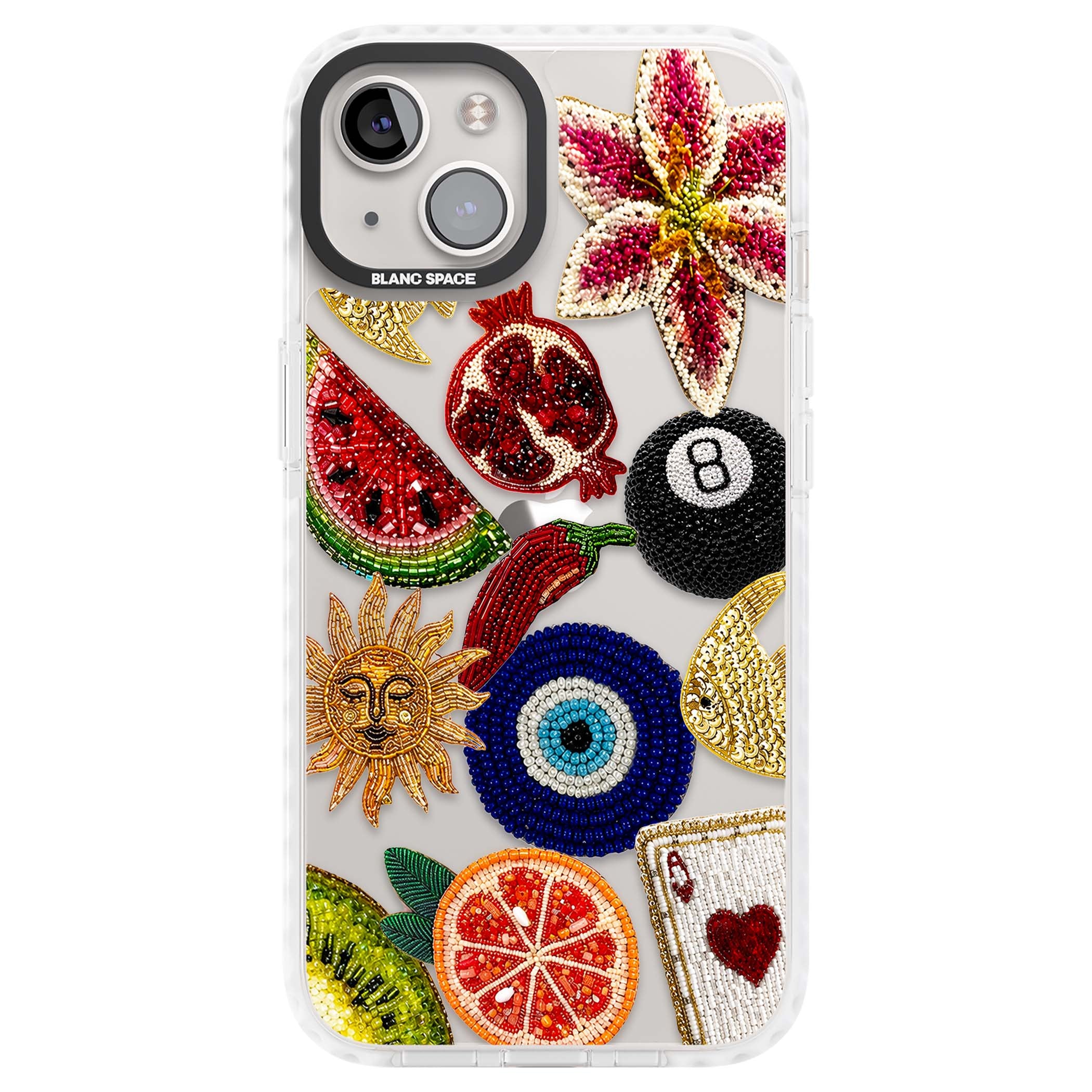 Beaded Charms embroidery iPhone case featuring beaded evil eye, fruit patches and a golden sun motif | Clear Impact case for iPhone 13, iPhone 14, iPhone 15
