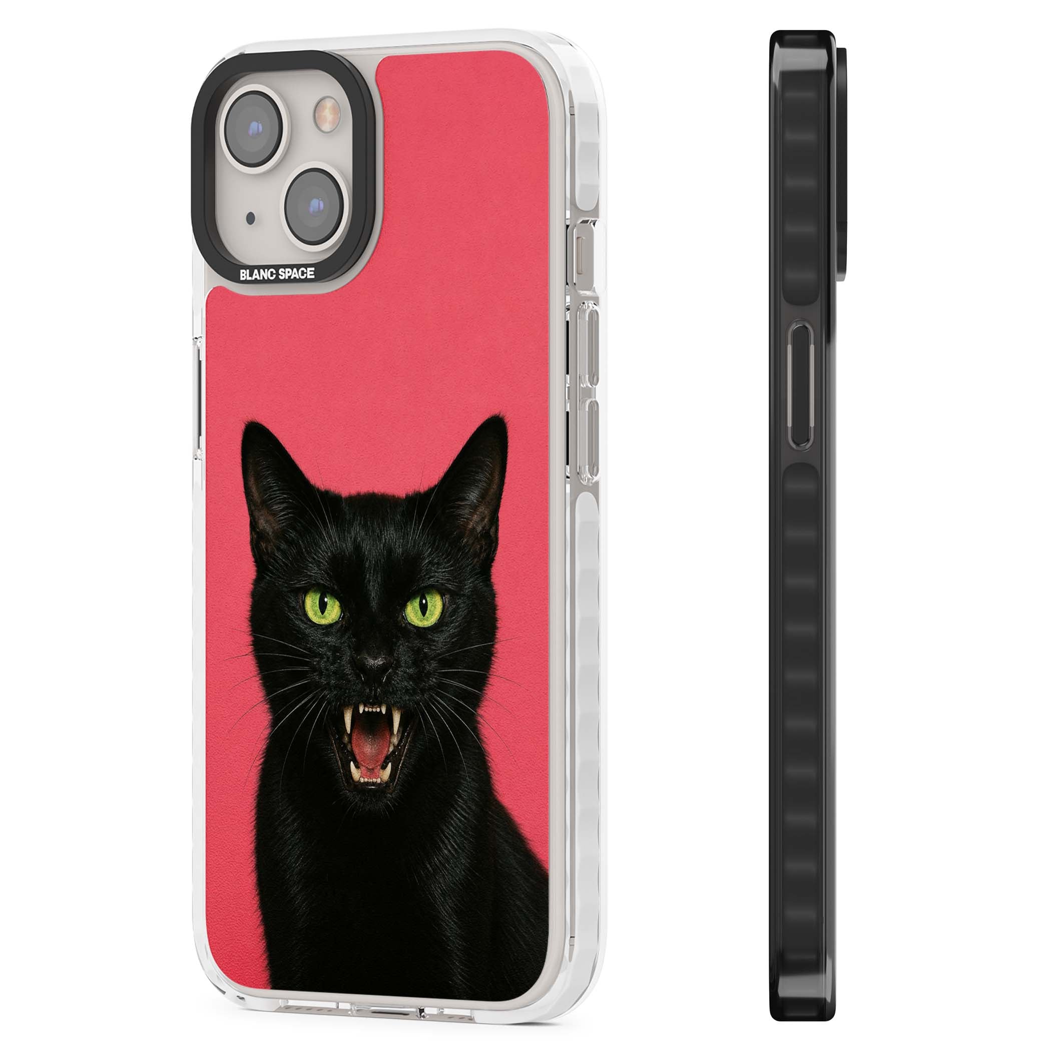 Hissin' Baddie black cat iPhone case featuring a hissing feline with green eyes on a hot pink background | Clear Impact case for iPhone 13, iPhone 14, iPhone 15