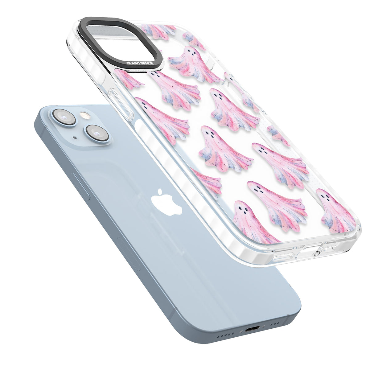 Pink Ghosts iPhone 12 / 12 Pro / iPhone 13 / iPhone 14 / iPhone 14 Plus / iPhone 15 / iPhone 15 Plus Impact Clear Phone Case angled
