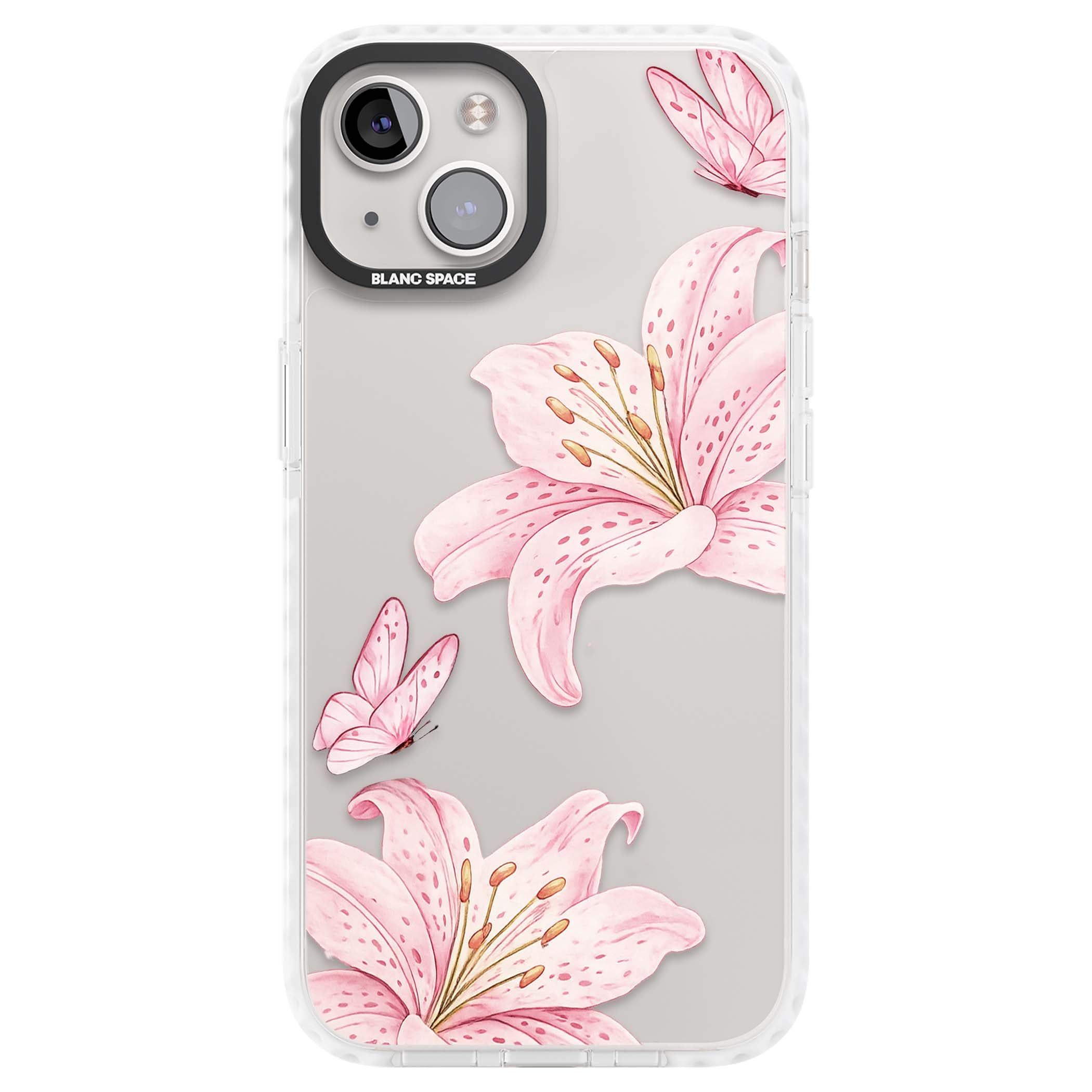 Lily Whisper floral iPhone case featuring pink watercolour lilies and delicate butterflies on a clear background | Clear Impact case for iPhone 13, iPhone 14, iPhone 15