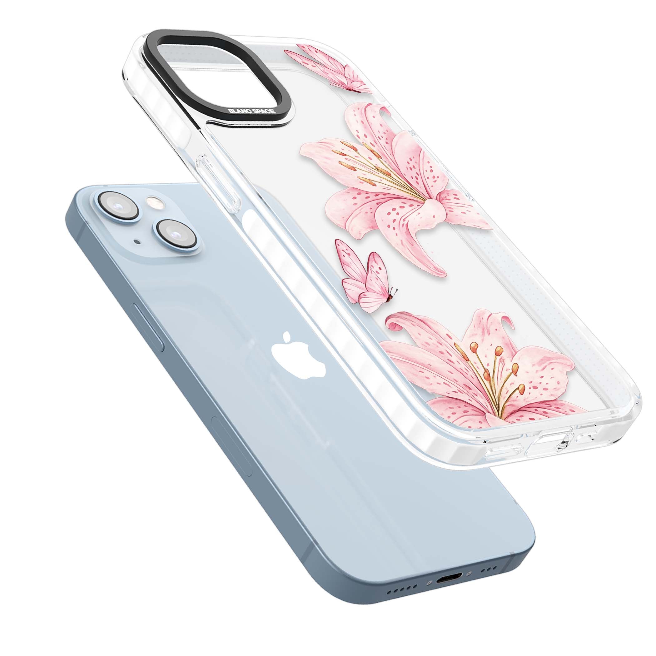 Lily Whisper floral iPhone case featuring pink watercolour lilies and delicate butterflies on a clear background | Clear Impact case for iPhone 13, iPhone 14, iPhone 15