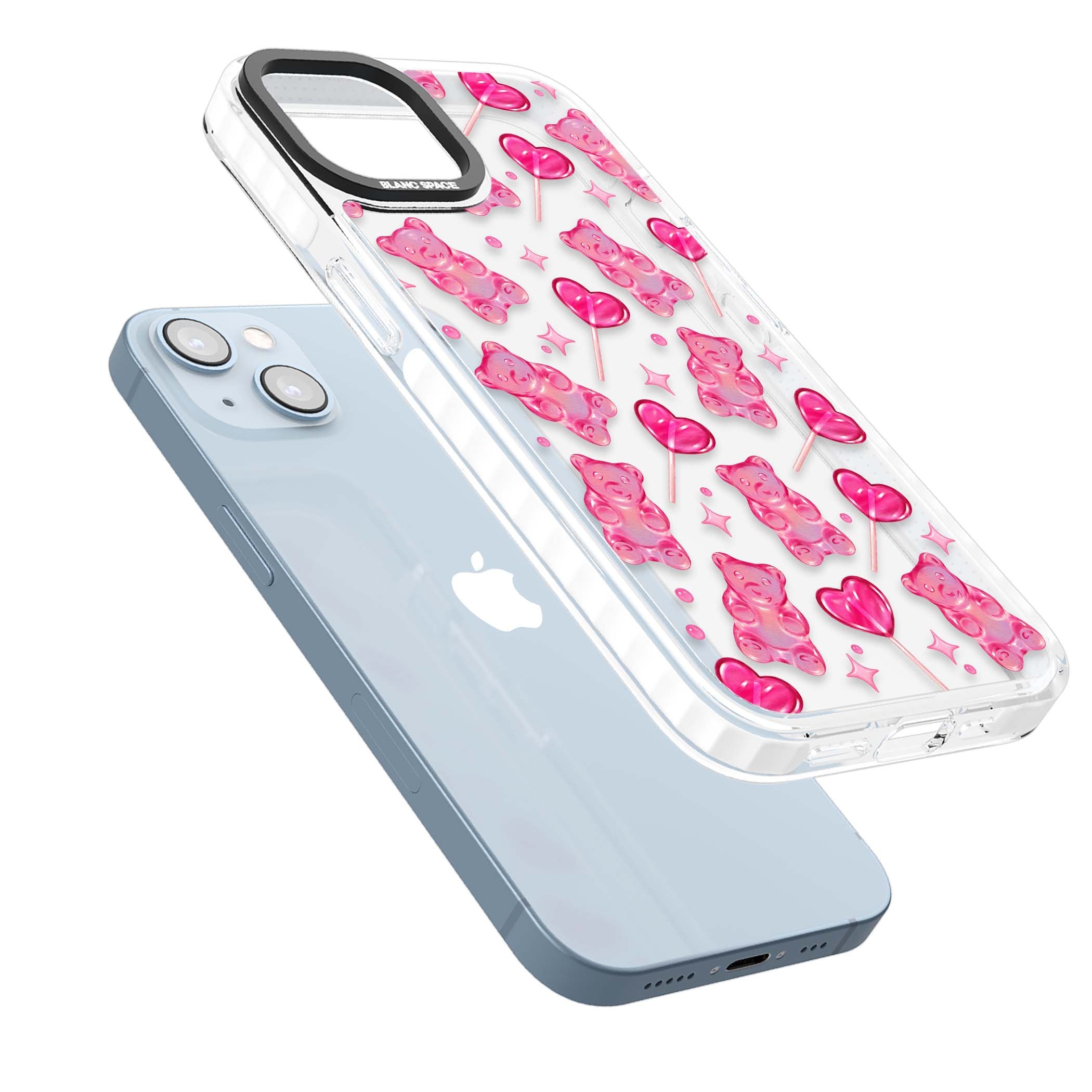 Pink Sugar pinkcore iPhone case featuring pink gummy bears, heart-shaped lollipops and sparkle stars | Clear Impact case for iPhone 13, iPhone 14, iPhone 15