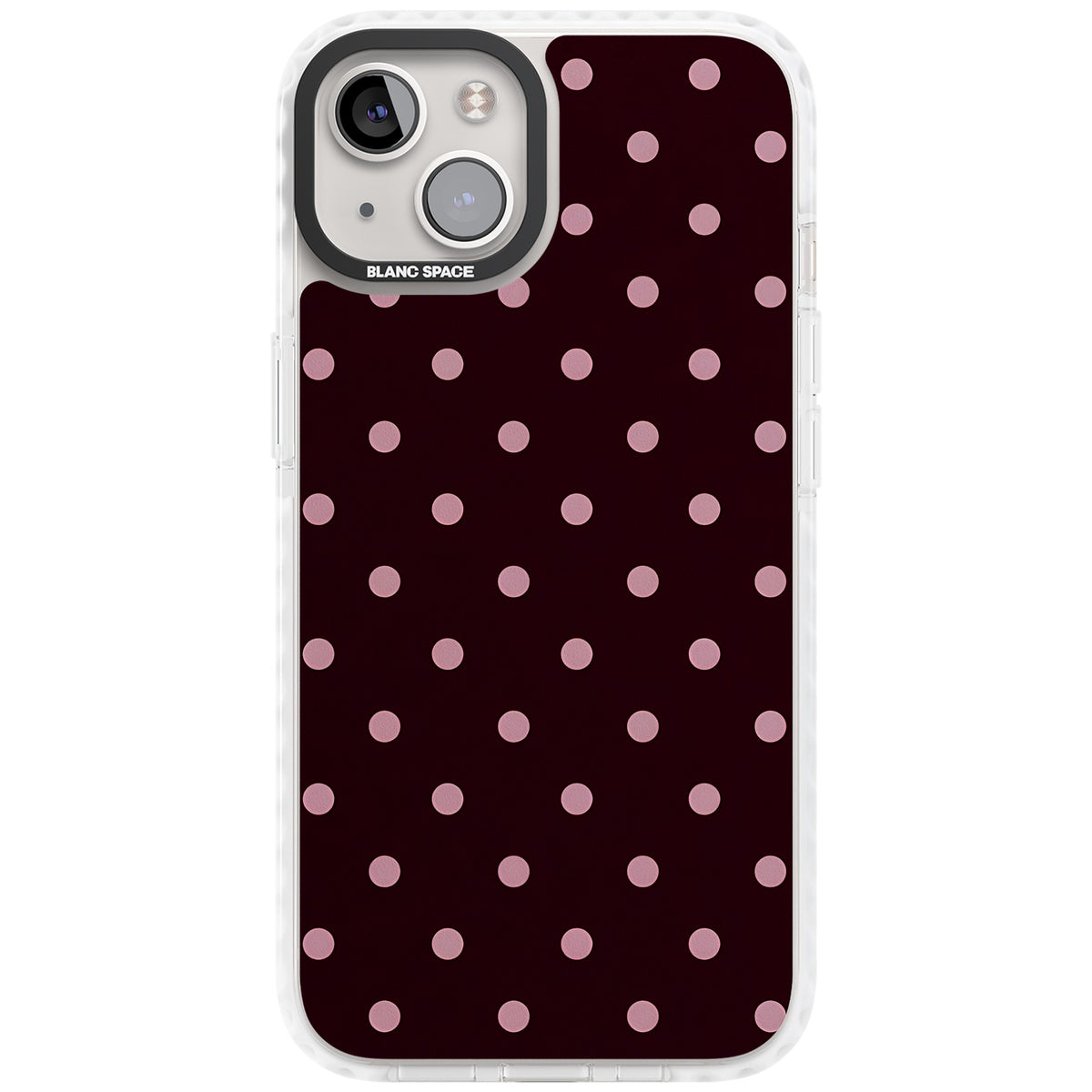 Merlot Dots polka dot iPhone case featuring dusty pink spots on a deep burgundy background in a retro grid iPhone 12 / 12 Pro / iPhone 12 / iPhone 12 Pro / iPhone 13 / iPhone 14 / iPhone 14 Plus / iPhone 15 / iPhone 15 Plus Impact Clear Phone Case front