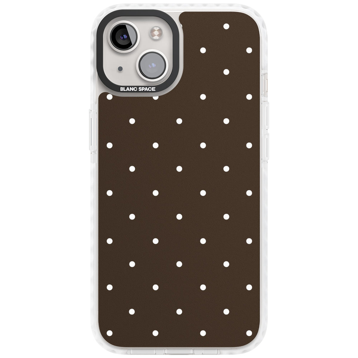 Espresso Dots minimalist iPhone case featuring white polka dots on a rich chocolate brown background iPhone 12 / 12 Pro / iPhone 12 / iPhone 12 Pro / iPhone 13 / iPhone 14 / iPhone 14 Plus / iPhone 15 / iPhone 15 Plus Impact Clear Phone Case front