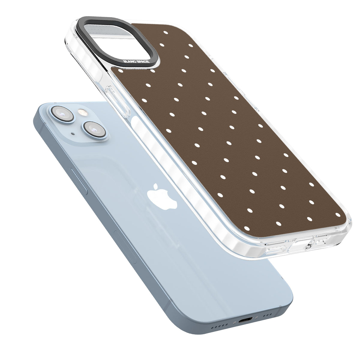 Espresso Dots minimalist iPhone case featuring white polka dots on a rich chocolate brown background iPhone 12 / 12 Pro / iPhone 12 / iPhone 12 Pro / iPhone 13 / iPhone 14 / iPhone 14 Plus / iPhone 15 / iPhone 15 Plus Impact Clear Phone Case angled