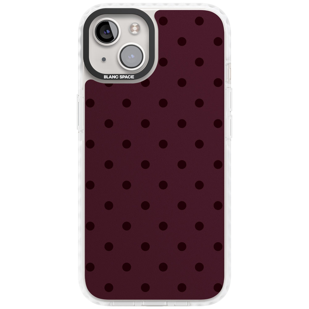 Burgundy Polka Dot minimalist iPhone case featuring black polka dots on a deep burgundy wine red background iPhone 12 / 12 Pro / iPhone 12 / iPhone 12 Pro / iPhone 13 / iPhone 14 / iPhone 14 Plus / iPhone 15 / iPhone 15 Plus Impact Clear Phone Case front