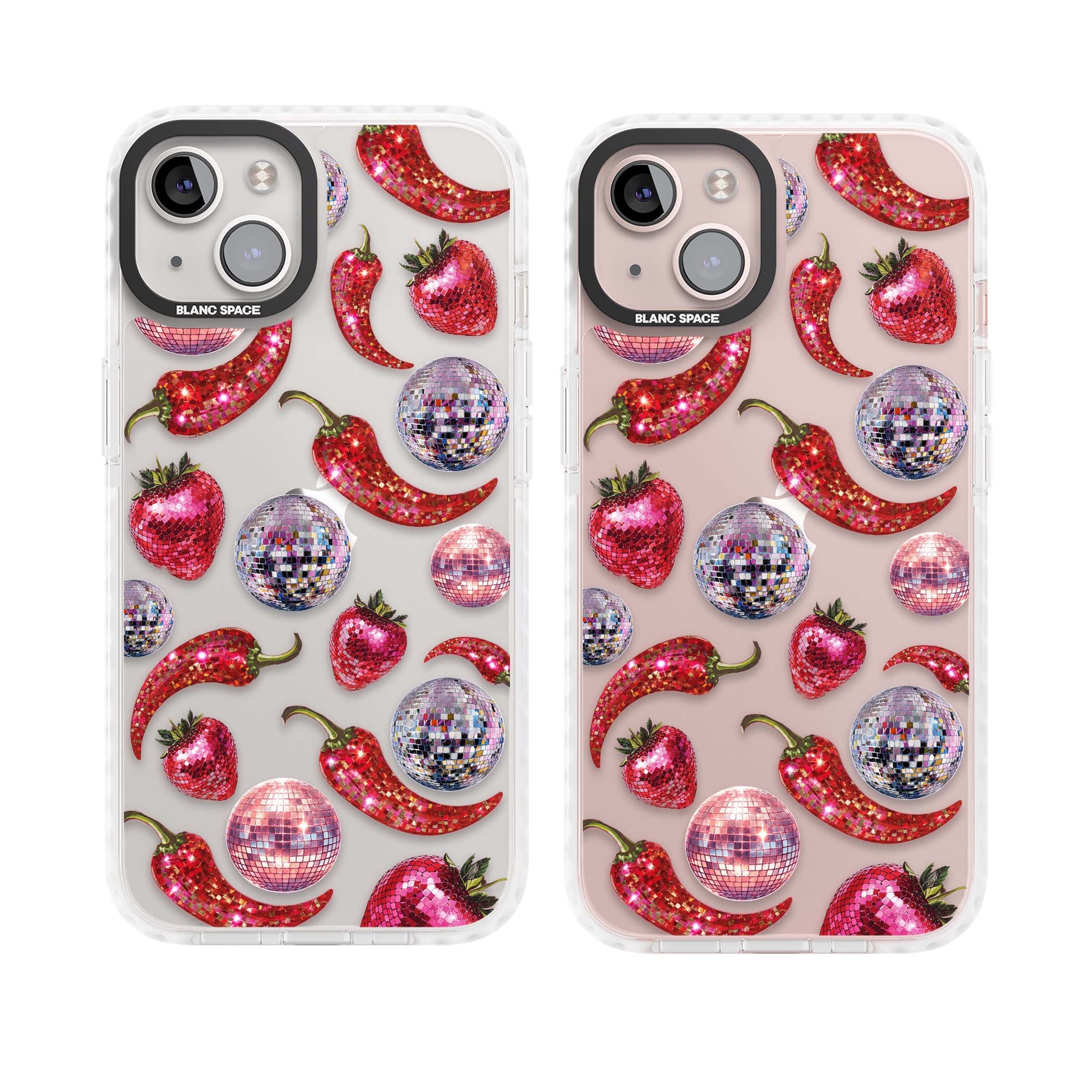 Spicy Disco Y2K iPhone case featuring glitter disco balls, sparkly strawberries and red chilli peppers | Clear Impact case for iPhone 13, iPhone 14, iPhone 15