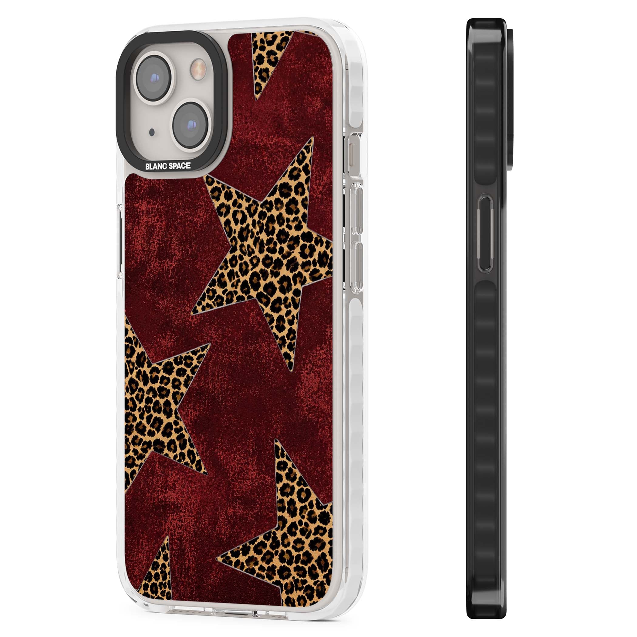 Showgirl leopard print iPhone case featuring cheetah print stars on distressed red grunge background | Clear Impact case for iPhone 13, iPhone 14, iPhone 15
