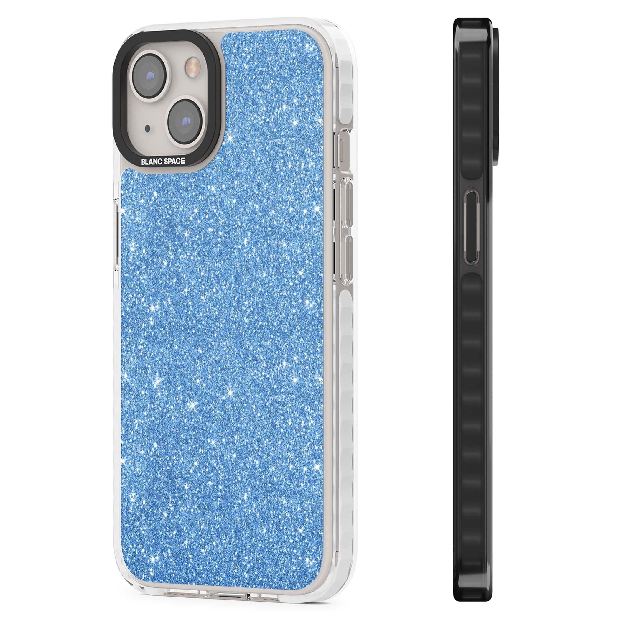 Blue Glitter blue glitter iPhone case featuring dense sparkling cerulean glitter with a glamorous shimmering finish | Clear Impact case for iPhone 13, iPhone 14, iPhone 15