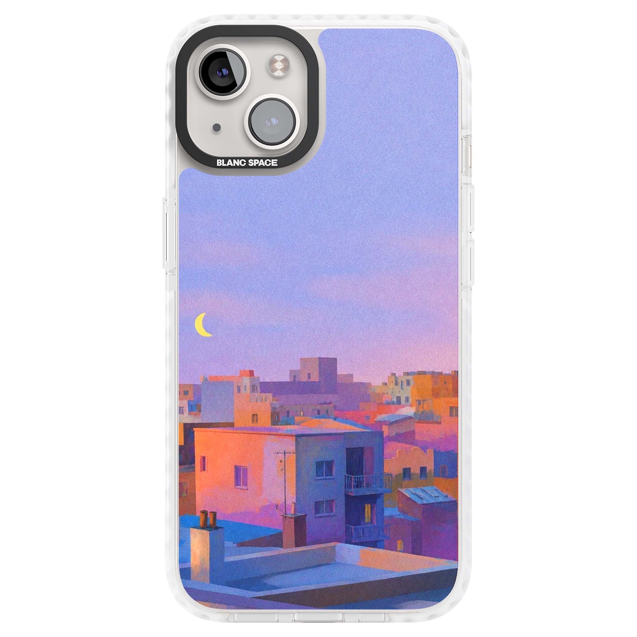 Twilight Rooftops vaporwave iPhone case featuring a pastel sunset cityscape, painted rooftops and a crescent moon. | Clear Impact case for iPhone 13, iPhone 14, iPhone 15