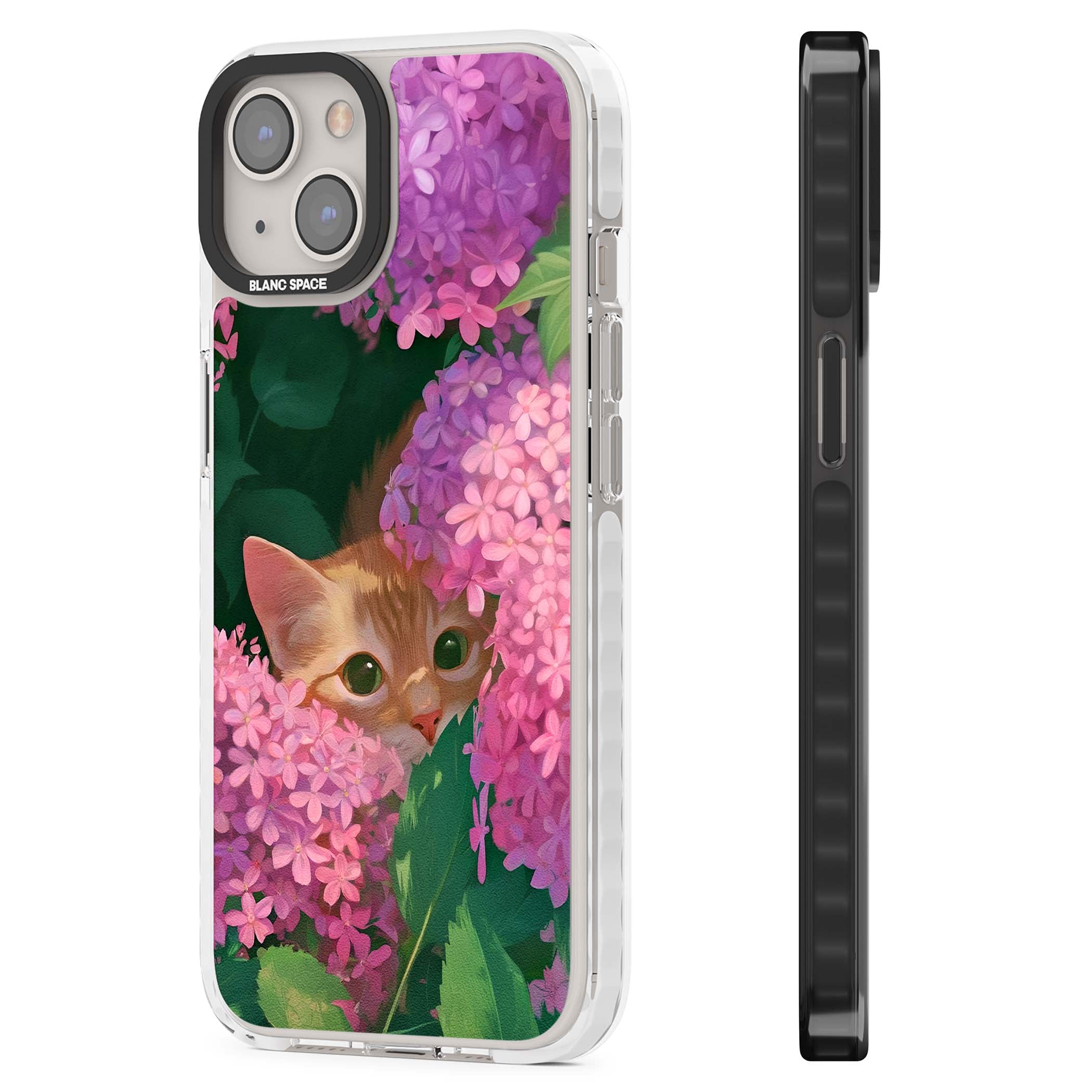 Cat In Pink Flowers cottagecore iPhone case featuring a ginger kitten peeking through lilac and pink hydrangea flo | Clear Impact case for iPhone 13, iPhone 14, iPhone 15