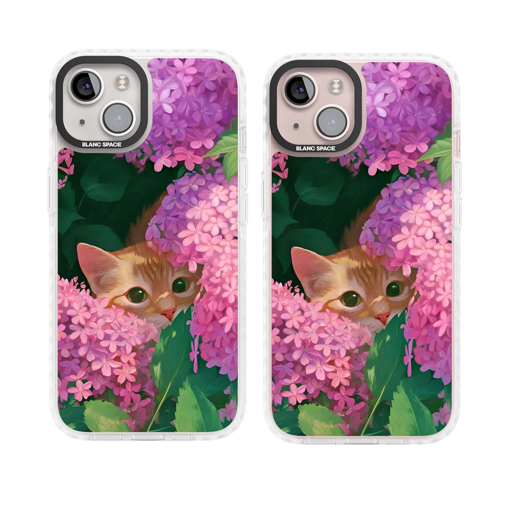 Cat In Pink Flowers cottagecore iPhone case featuring a ginger kitten peeking through lilac and pink hydrangea flo | Clear Impact case for iPhone 13, iPhone 14, iPhone 15