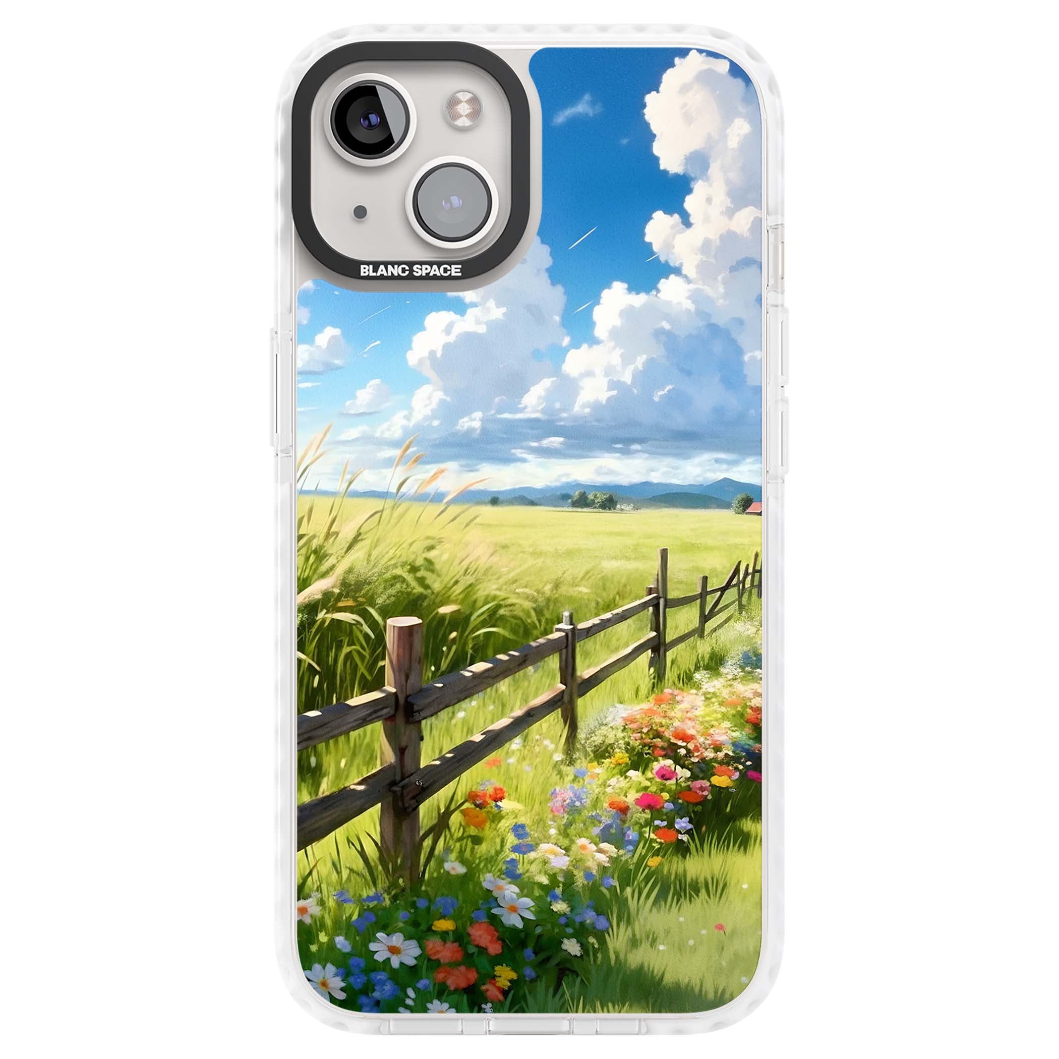 A Countryside Afternoon cottagecore iPhone case featuring a painted countryside meadow, wooden fence, and wildflowers beneath | Clear Impact case for iPhone 13, iPhone 14, iPhone 15