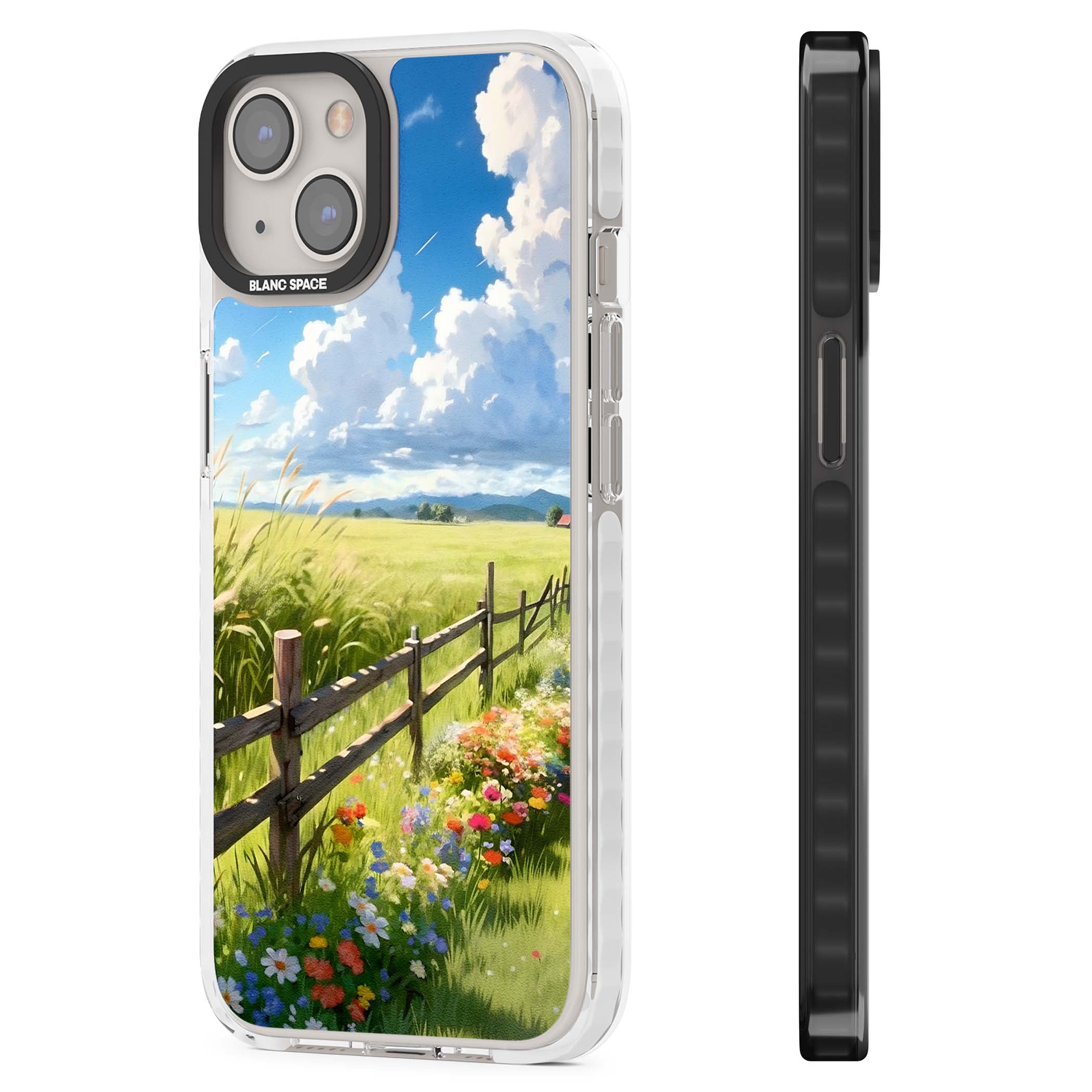 A Countryside Afternoon cottagecore iPhone case featuring a painted countryside meadow, wooden fence, and wildflowers beneath | Clear Impact case for iPhone 13, iPhone 14, iPhone 15