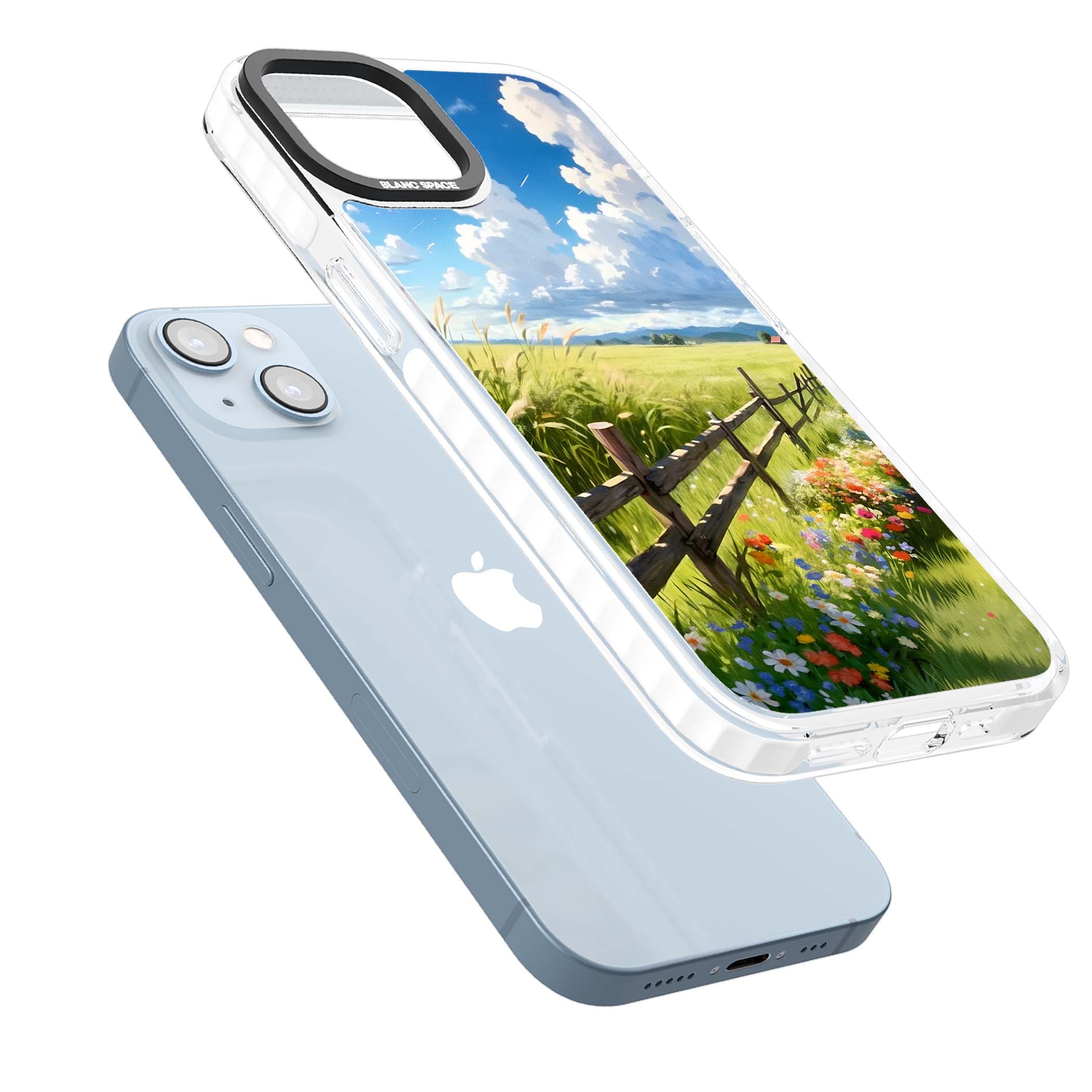 A Countryside Afternoon cottagecore iPhone case featuring a painted countryside meadow, wooden fence, and wildflowers beneath | Clear Impact case for iPhone 13, iPhone 14, iPhone 15