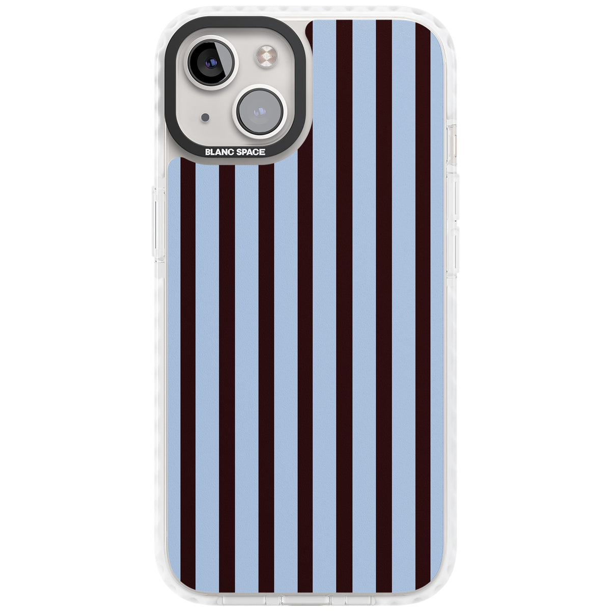 Blackcurrant Stripe preppy iPhone case featuring vertical burgundy and light blue stripes in a classic pinstripe layout iPhone 12 / 12 Pro / iPhone 12 / iPhone 12 Pro / iPhone 13 / iPhone 14 / iPhone 14 Plus / iPhone 15 / iPhone 15 Plus Impact Clear Phone Case front