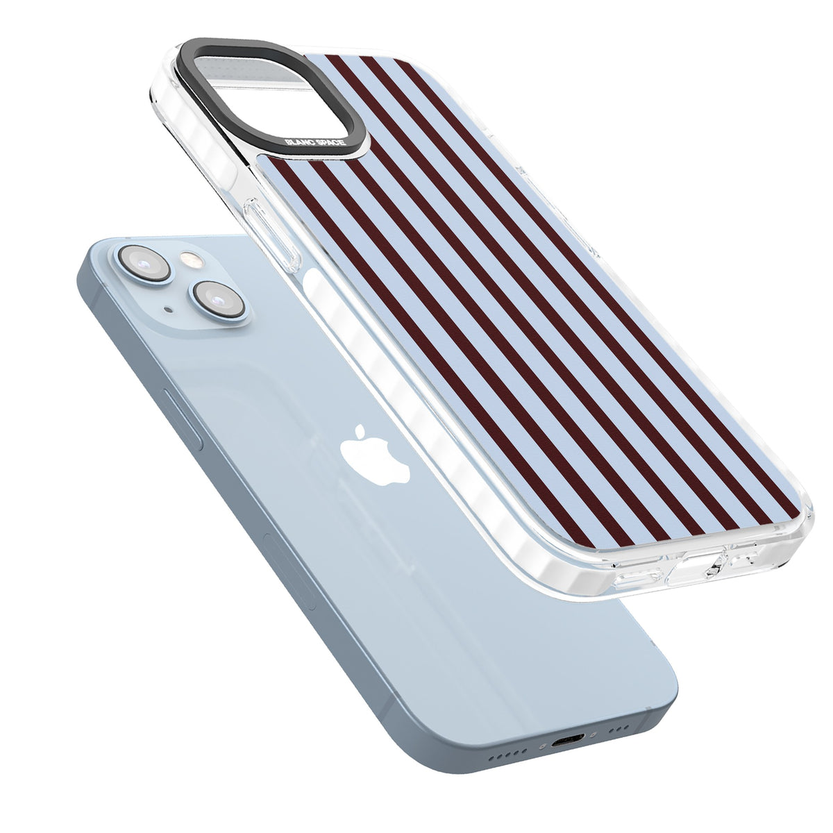 Blackcurrant Stripe preppy iPhone case featuring vertical burgundy and light blue stripes in a classic pinstripe layout iPhone 12 / 12 Pro / iPhone 12 / iPhone 12 Pro / iPhone 13 / iPhone 14 / iPhone 14 Plus / iPhone 15 / iPhone 15 Plus Impact Clear Phone Case angled