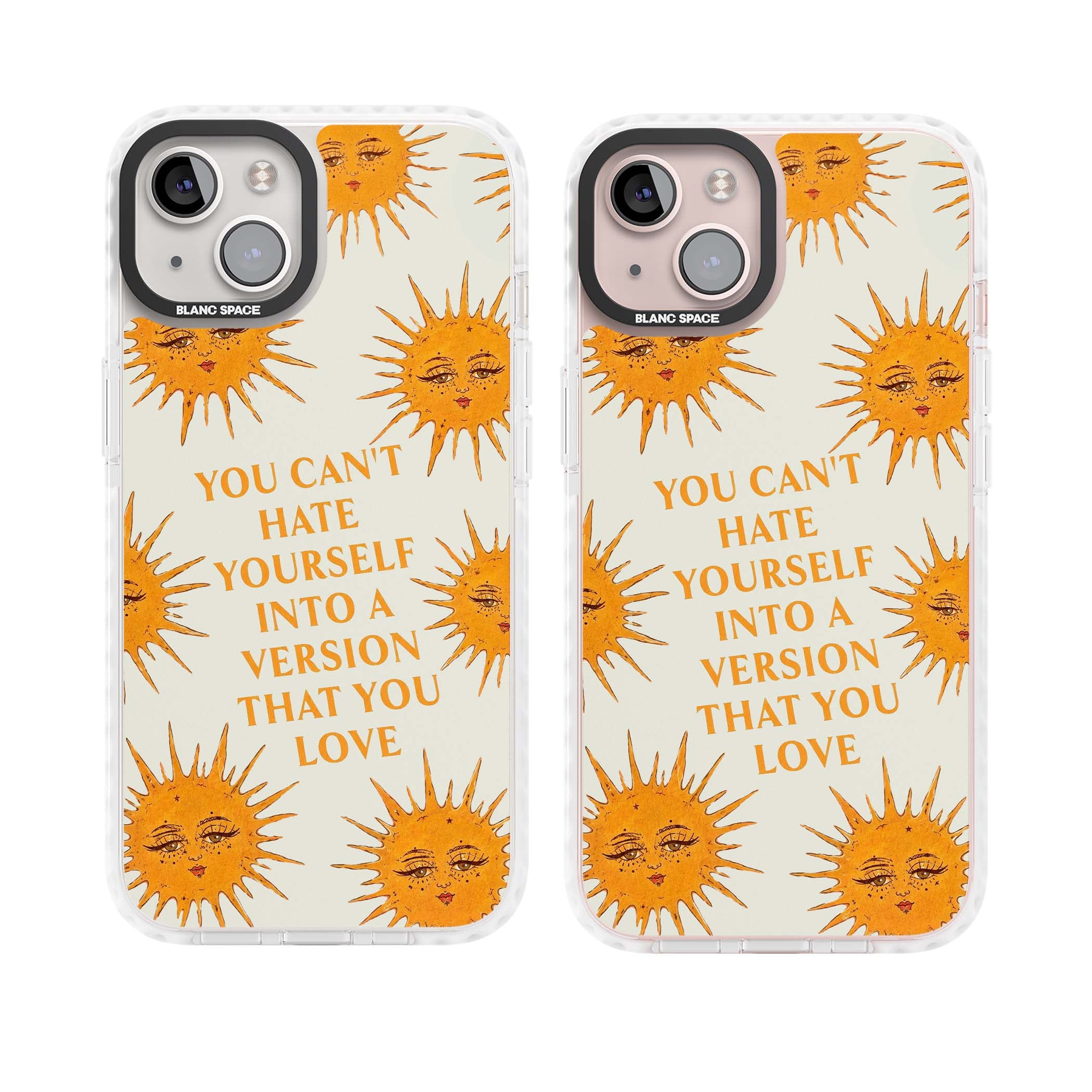 Don't Hate Yourself celestial iPhone case featuring vintage sun faces, ochre rays and a self-love quote | Clear Impact case for iPhone 13, iPhone 14, iPhone 15