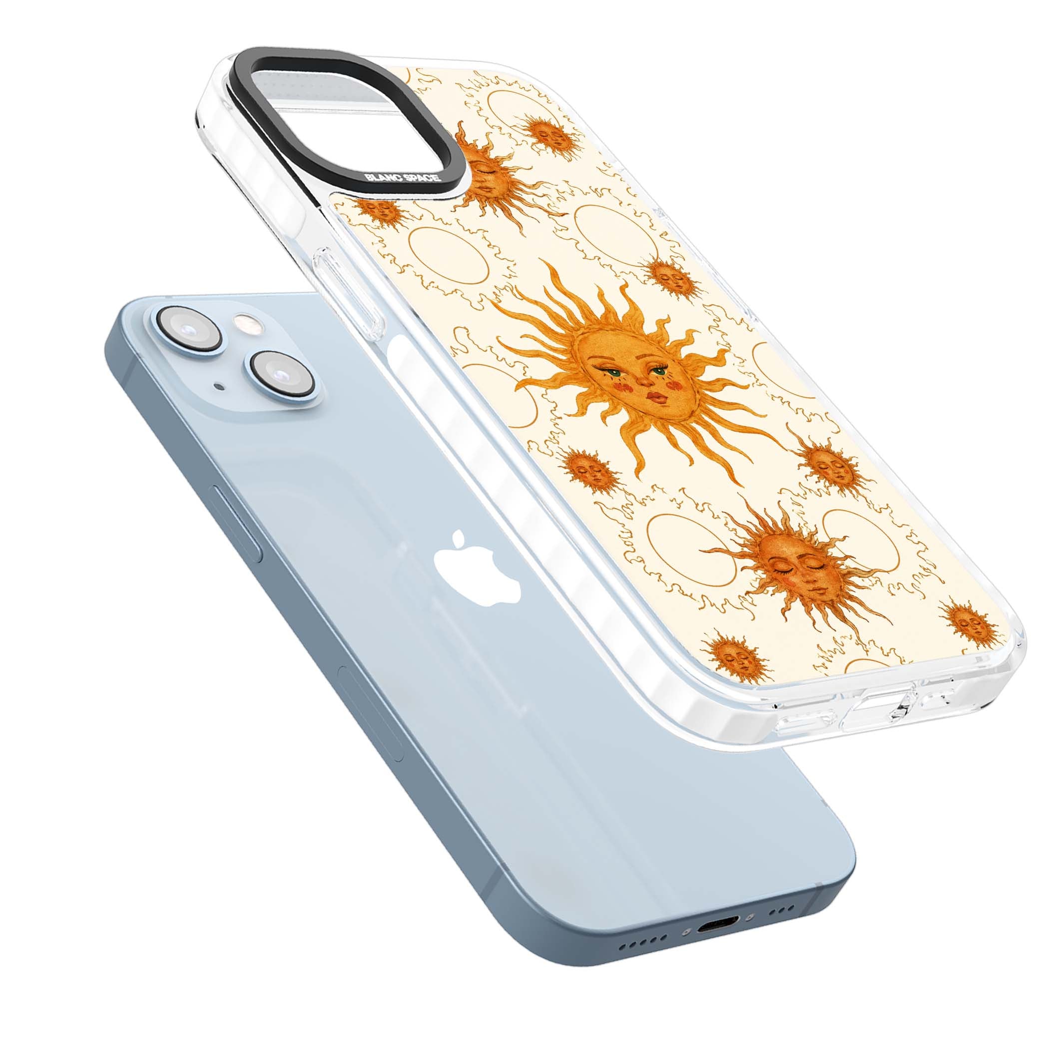 Solstice Muse celestial iPhone case featuring hand-painted golden sun faces, closed-eye sun goddesses and outlined moons... | Clear Impact case for iPhone 13, iPhone 14, iPhone 15