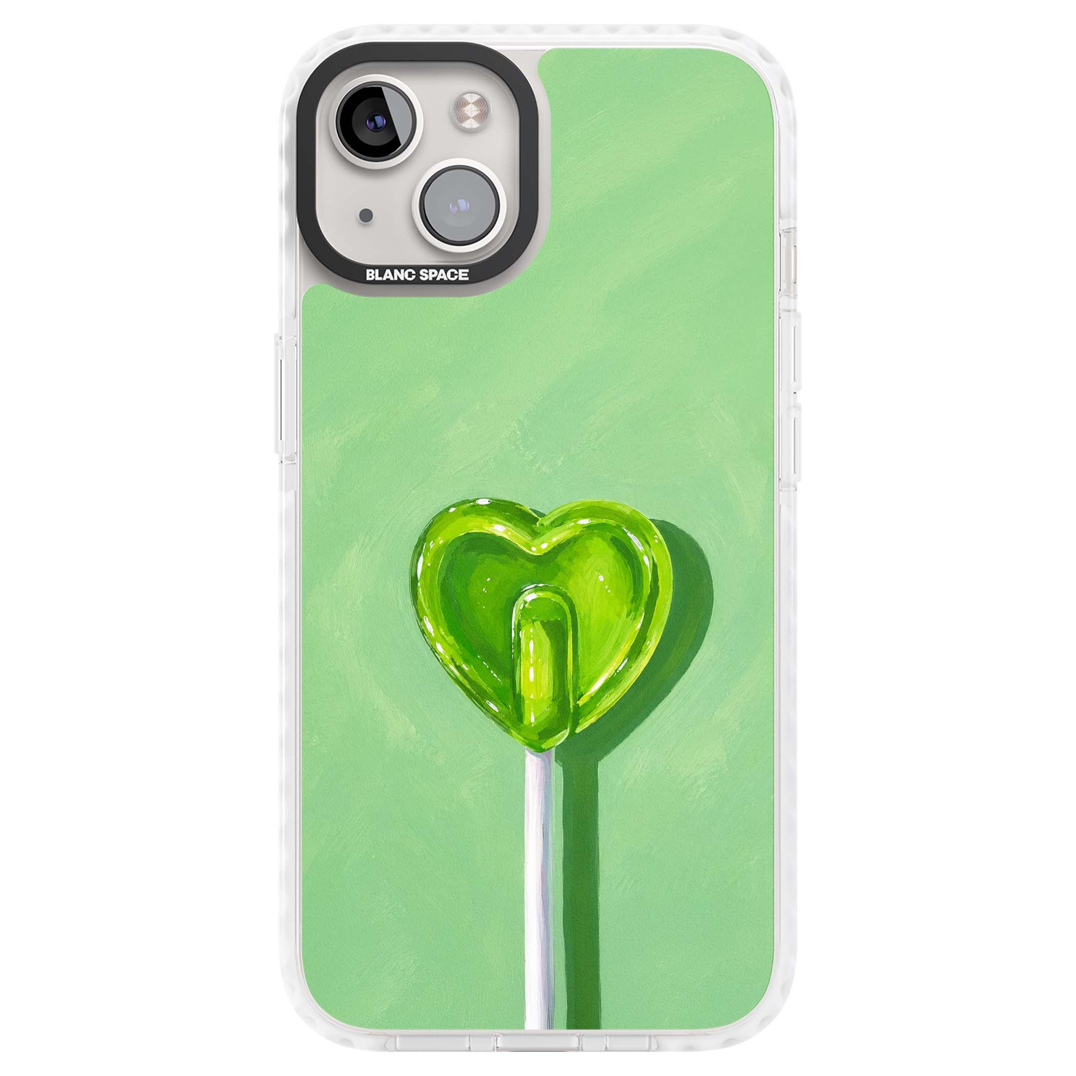Green Lollipop candy art iPhone case featuring a glossy green heart-shaped lollipop on a painted pastel green background | Clear Impact case for iPhone 13, iPhone 14, iPhone 15